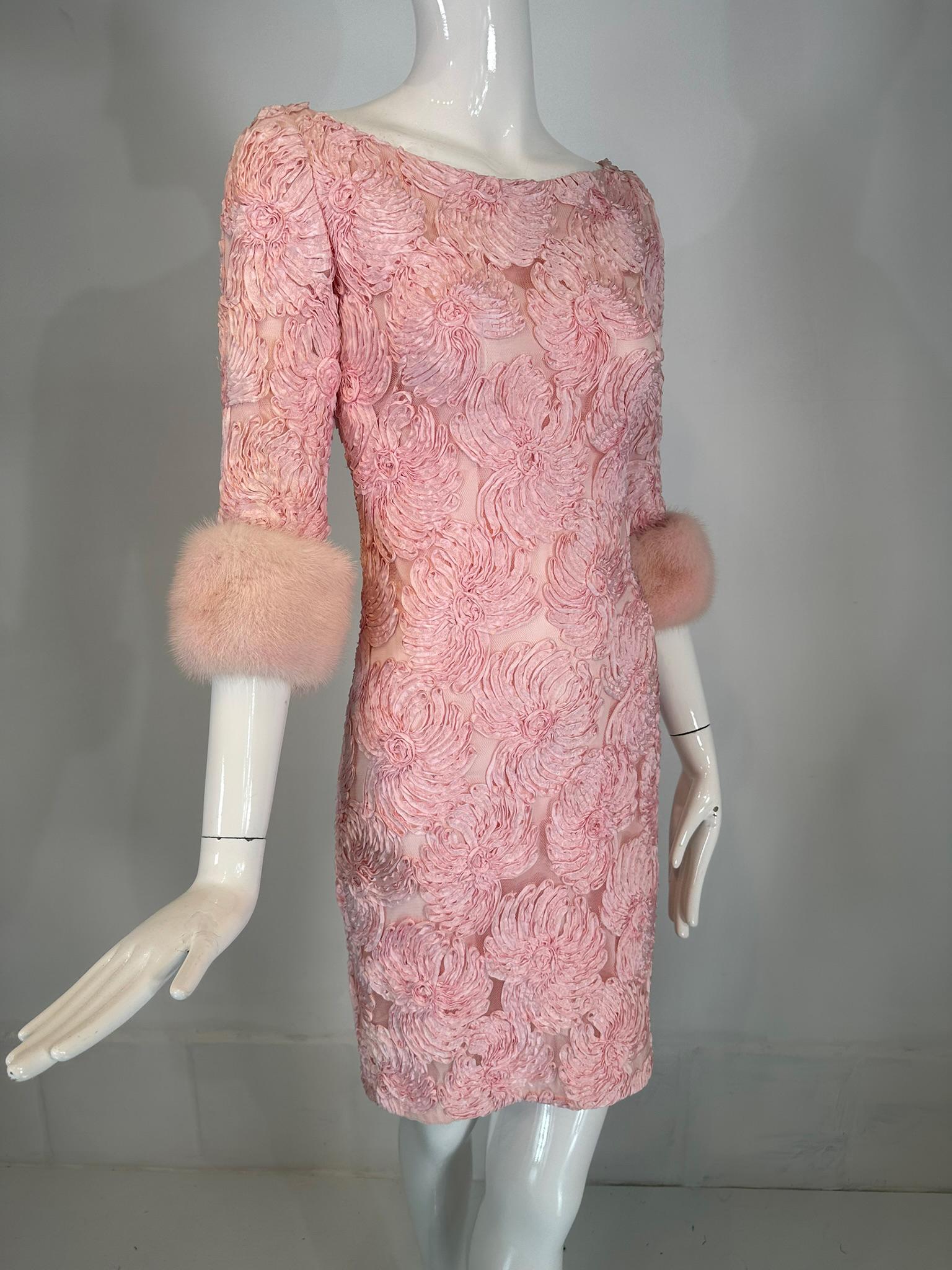 1960s Pink Ribbon Floral Applique on Net Cocktail Dress with Pink Mink Cuffs For Sale 9