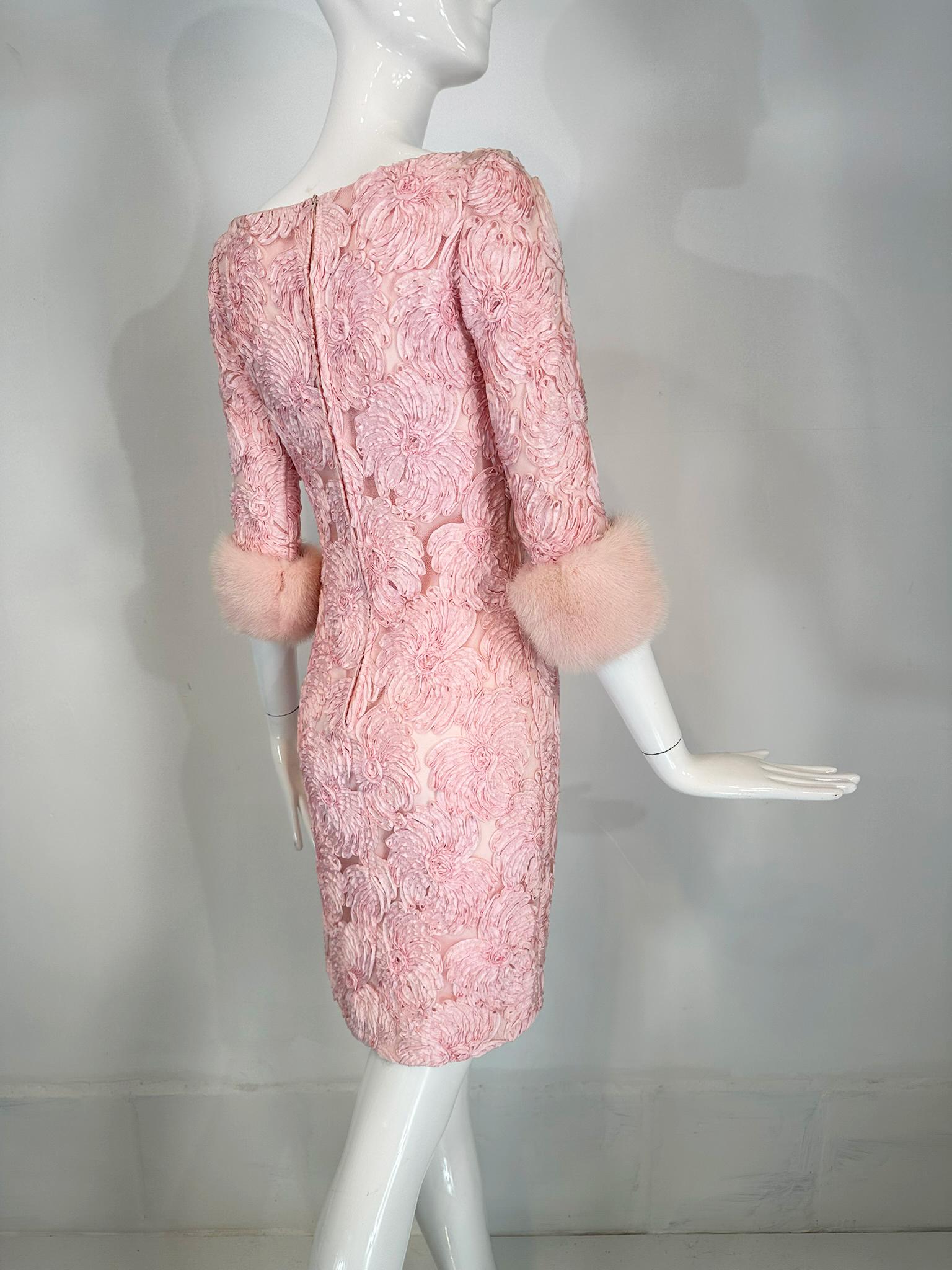 1960s Pink Ribbon Floral Applique on Net Cocktail Dress with Pink Mink Cuffs For Sale 10