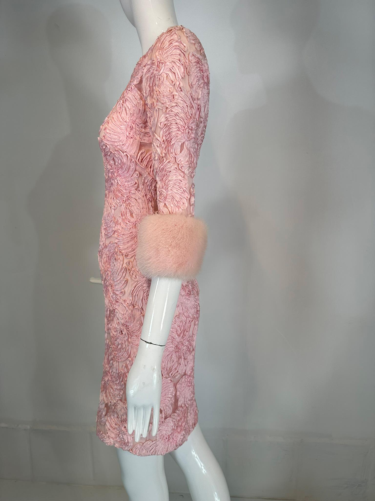 Brown 1960s Pink Ribbon Floral Applique on Net Cocktail Dress with Pink Mink Cuffs For Sale