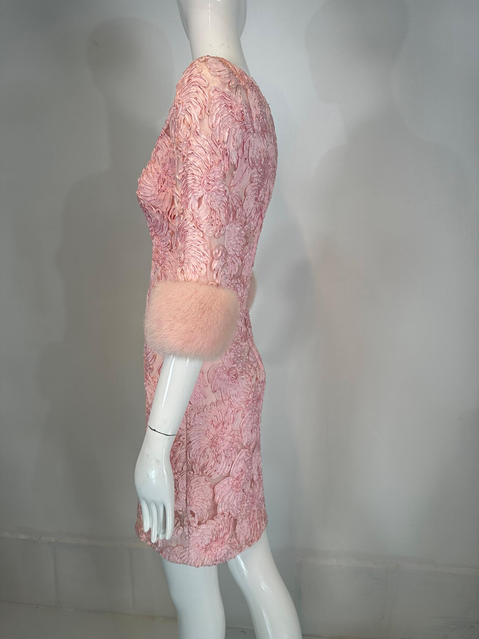 1960s Pink Ribbon Floral Applique on Net Cocktail Dress with Pink Mink Cuffs In Good Condition For Sale In West Palm Beach, FL