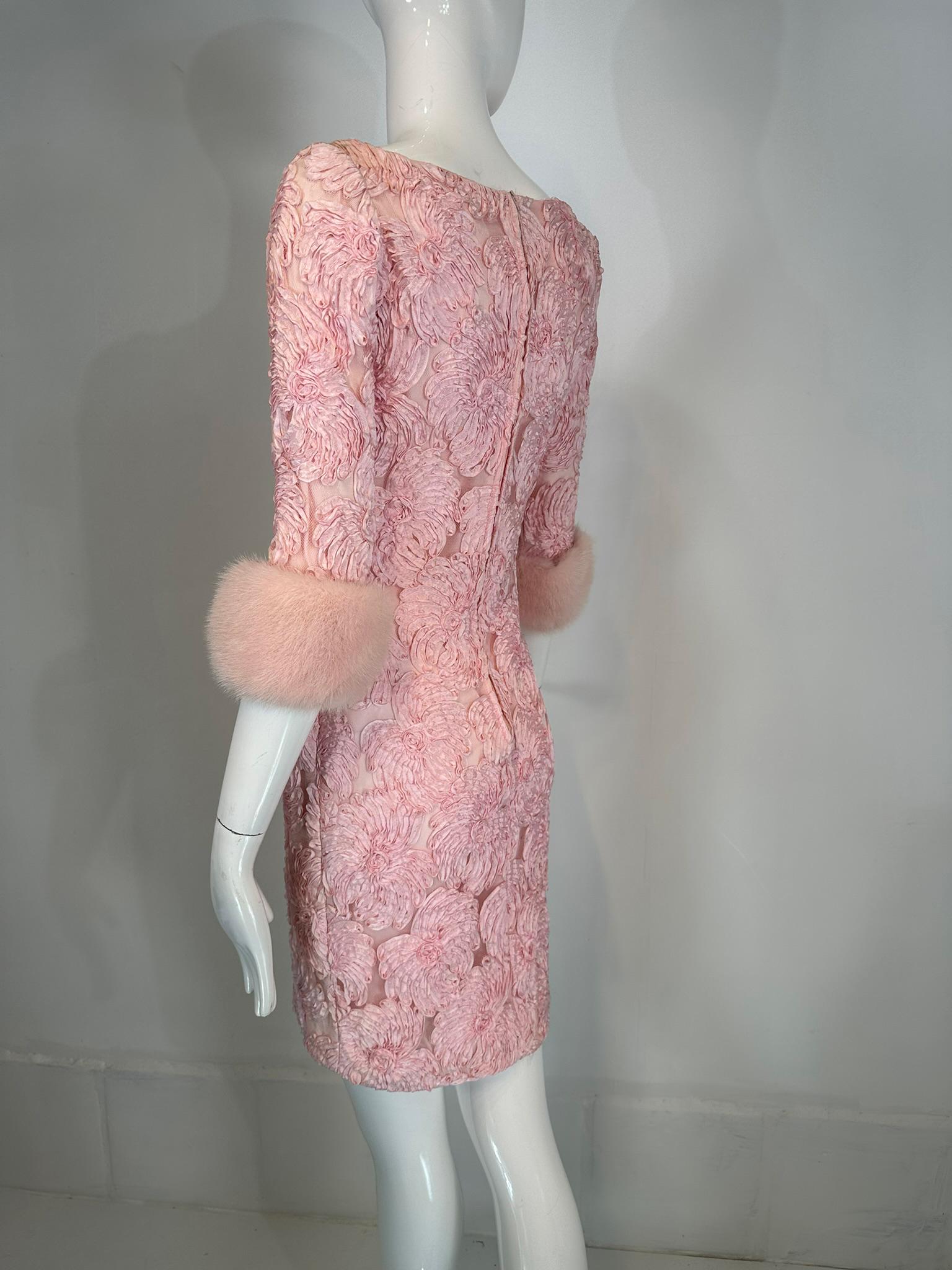 Women's 1960s Pink Ribbon Floral Applique on Net Cocktail Dress with Pink Mink Cuffs For Sale