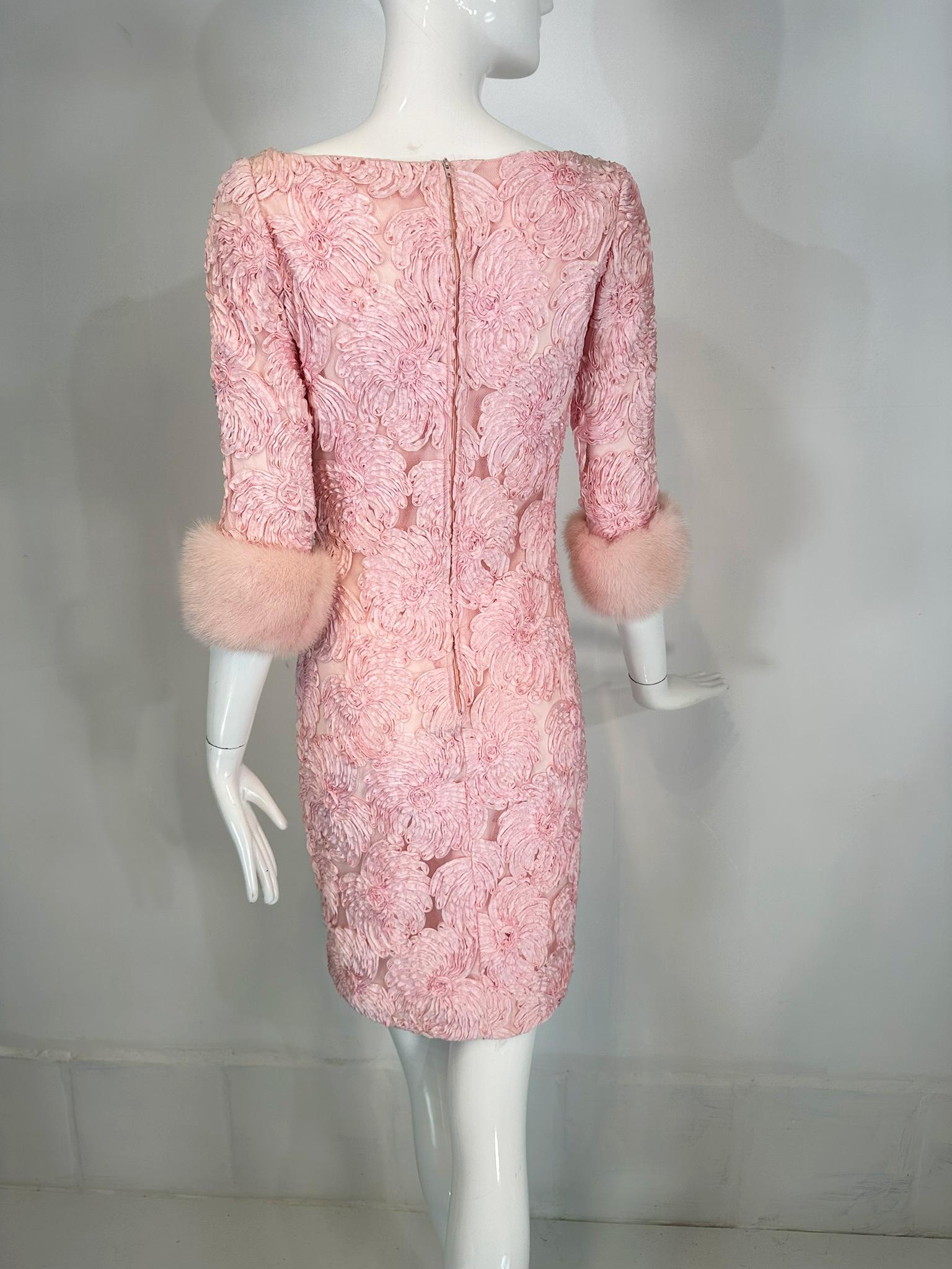 1960s Pink Ribbon Floral Applique on Net Cocktail Dress with Pink Mink Cuffs For Sale 1