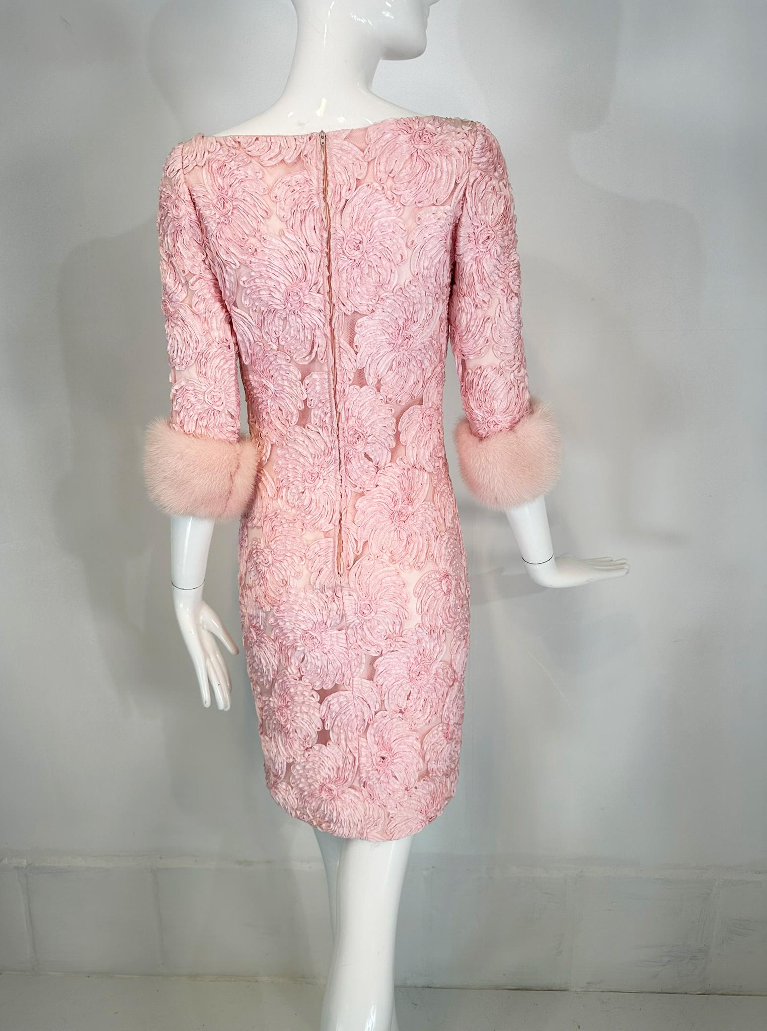 1960s Pink Ribbon Floral Applique on Net Cocktail Dress with Pink Mink Cuffs For Sale 2
