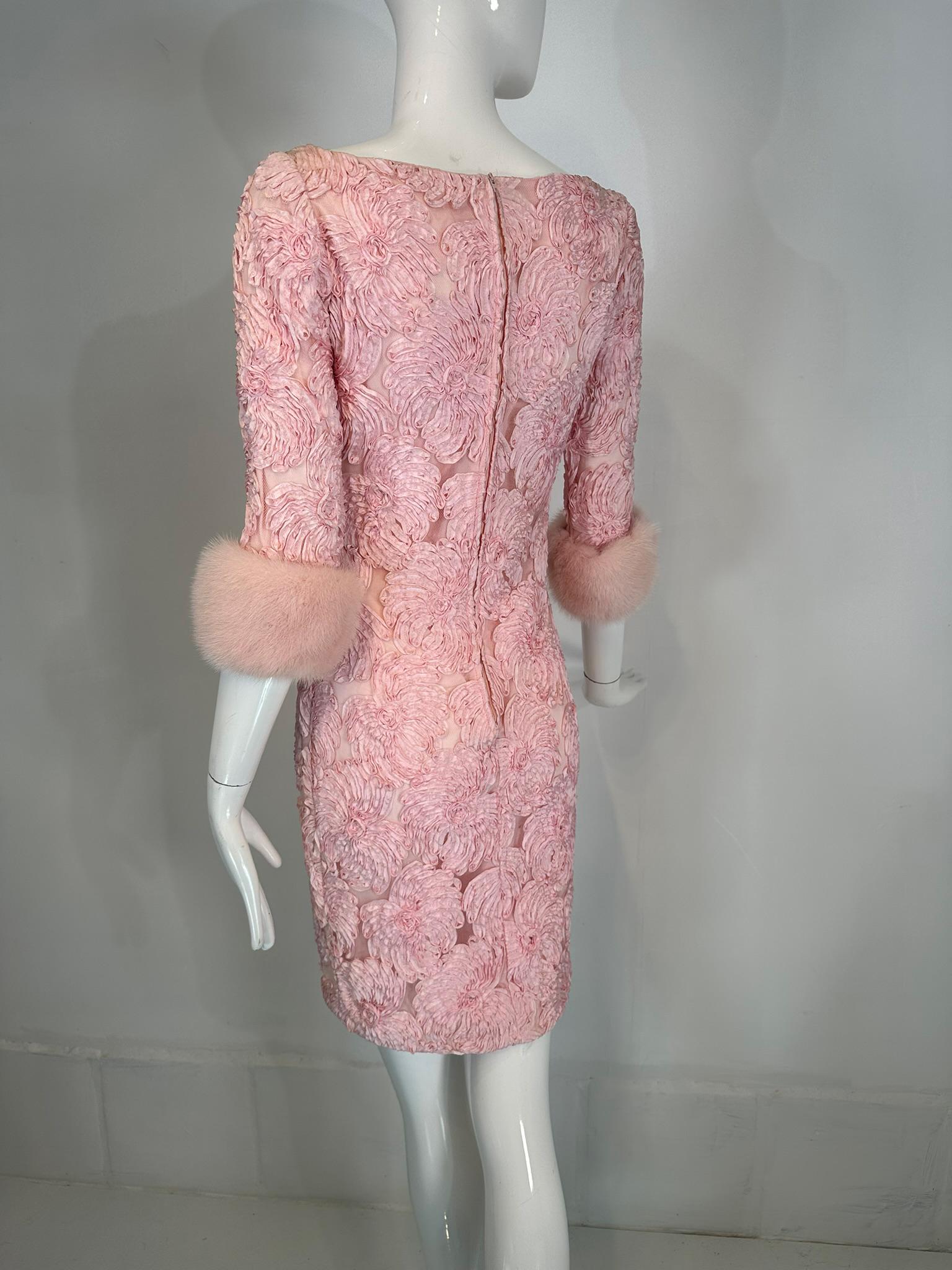 1960s Pink Ribbon Floral Applique on Net Cocktail Dress with Pink Mink Cuffs For Sale 4