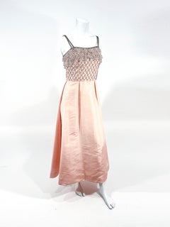 1960s Pink Satin and Beaded Gown with Beaded