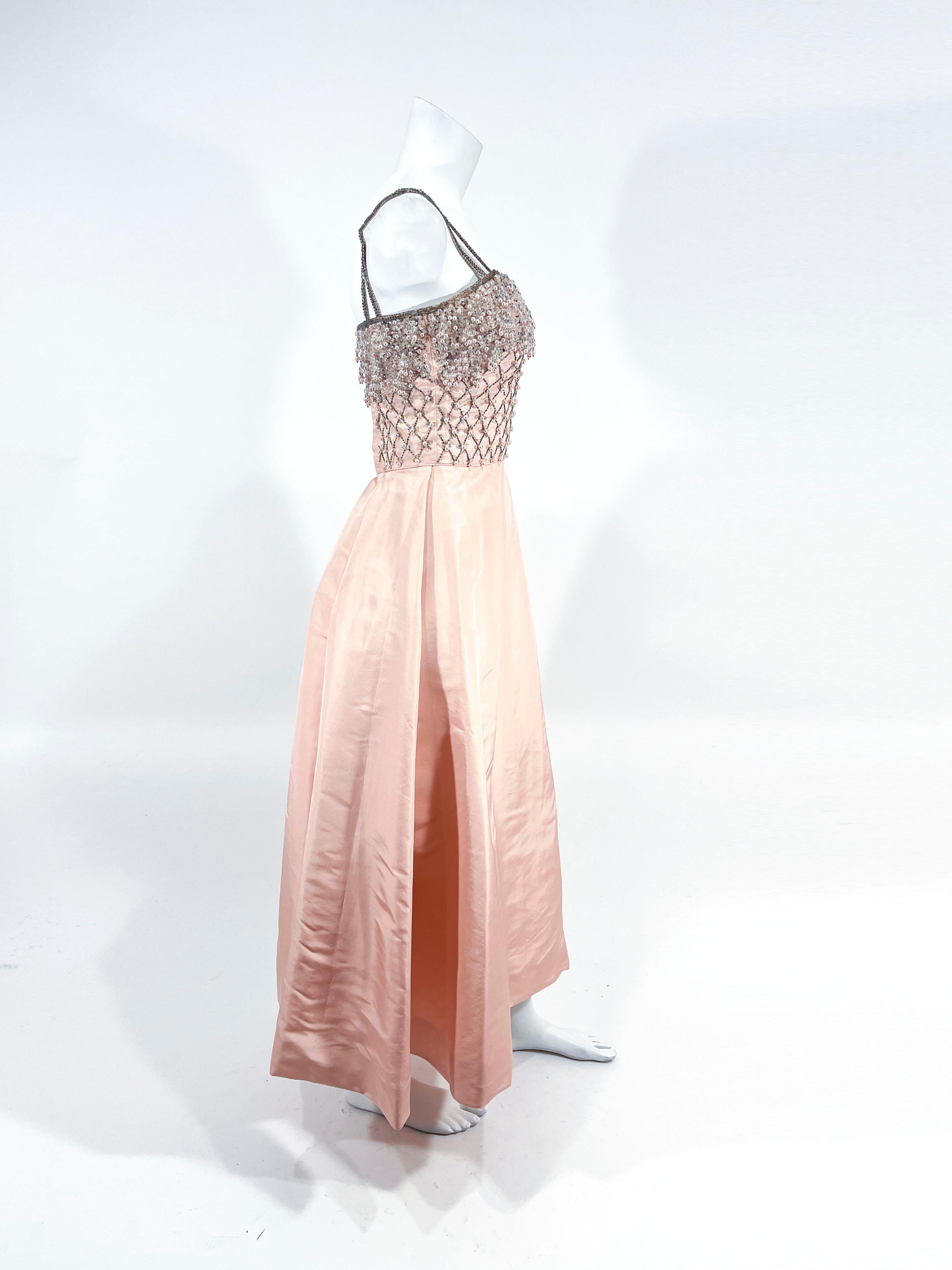 1960s Pink Satin and Beaded Gown with Beaded  In Good Condition In San Francisco, CA