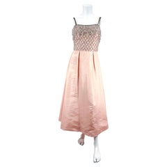 1960s Pink Satin and Beaded Gown with Beaded 