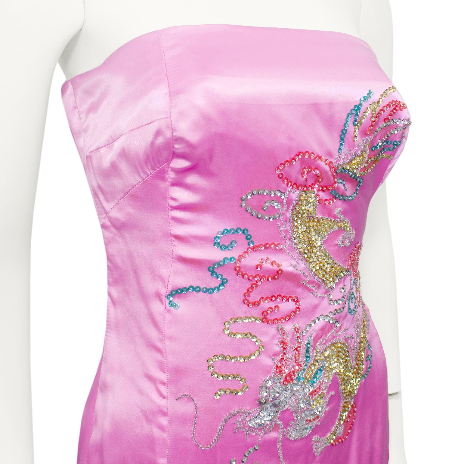 Women's 1960s Pink Strapless Silk Gown with Beaded Dragon and Phoenix For Sale