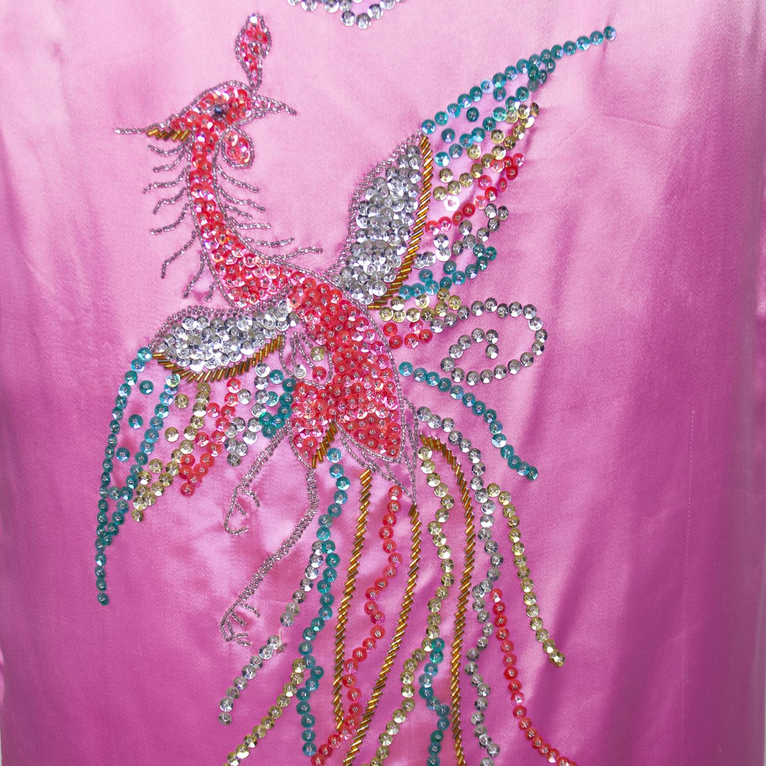 1960s Pink Strapless Silk Gown with Beaded Dragon and Phoenix For Sale 1