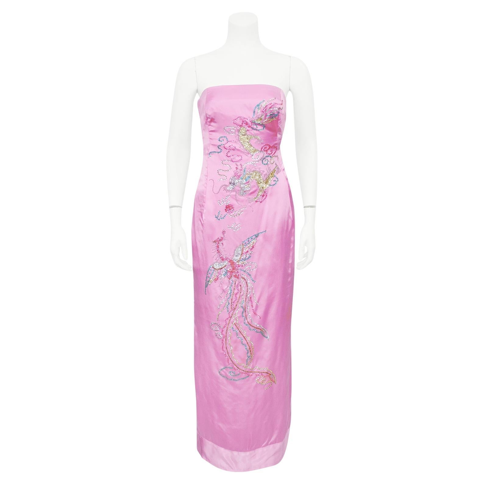 1960s Pink Strapless Silk Gown with Beaded Dragon and Phoenix For Sale