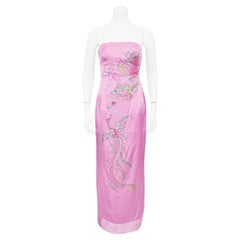 Used 1960s Pink Strapless Silk Gown with Beaded Dragon and Phoenix