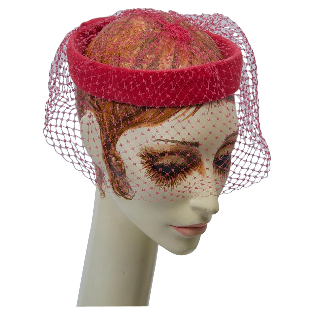 Fascinador de red y terciopelo rosa de los años 60 en venta