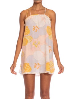 1960S Pink & White Mod Floral Cotton Voile Lounging Mini Slip Dress With Lace Tr