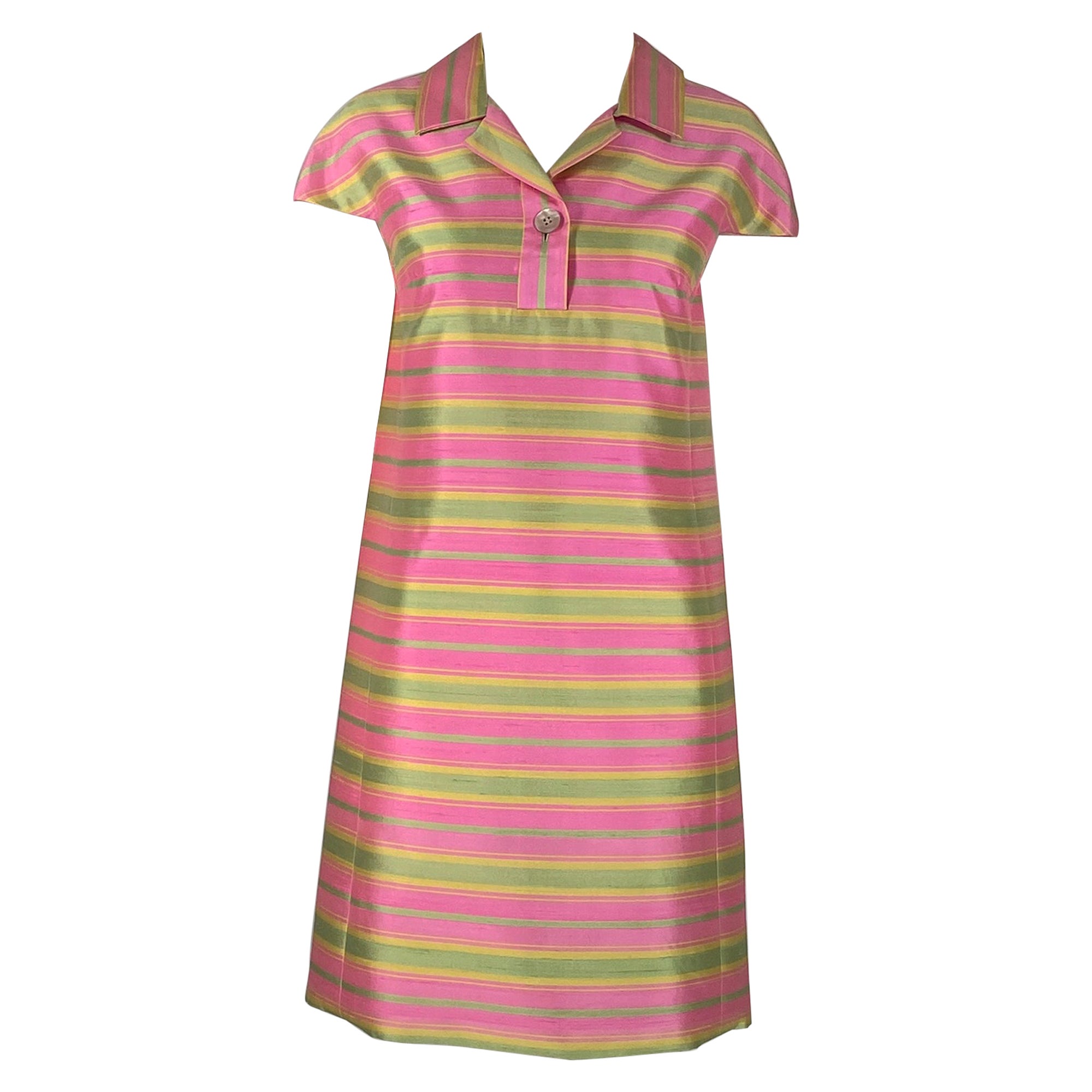 1960s Pink Yellow Green Stripe Slub Silk Cap Sleeve Princess Seam Dress