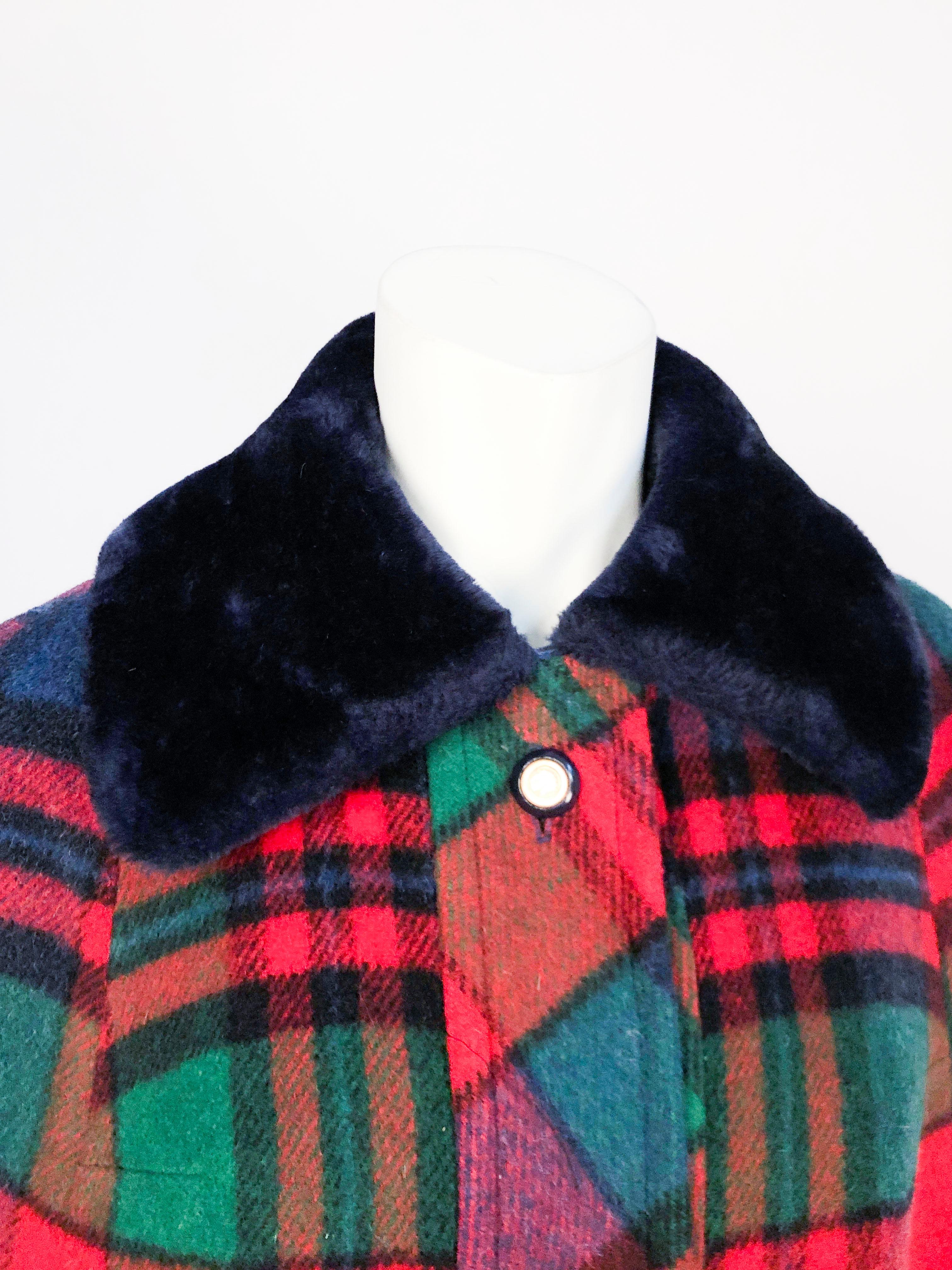 Black 1960s Plaid Wool Cape with Navy Faux Fur Collar