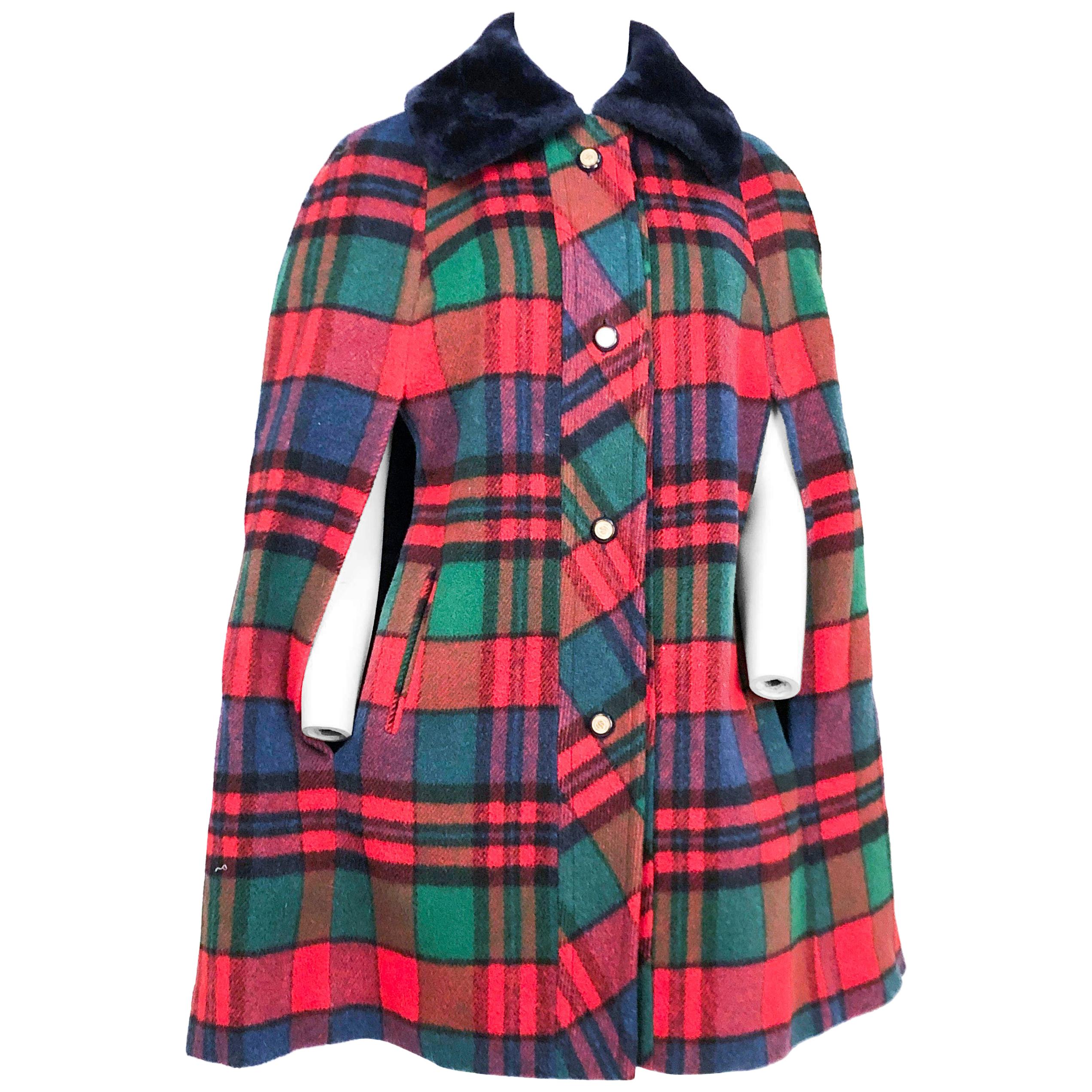 1960s Plaid Wool Cape with Navy Faux Fur Collar