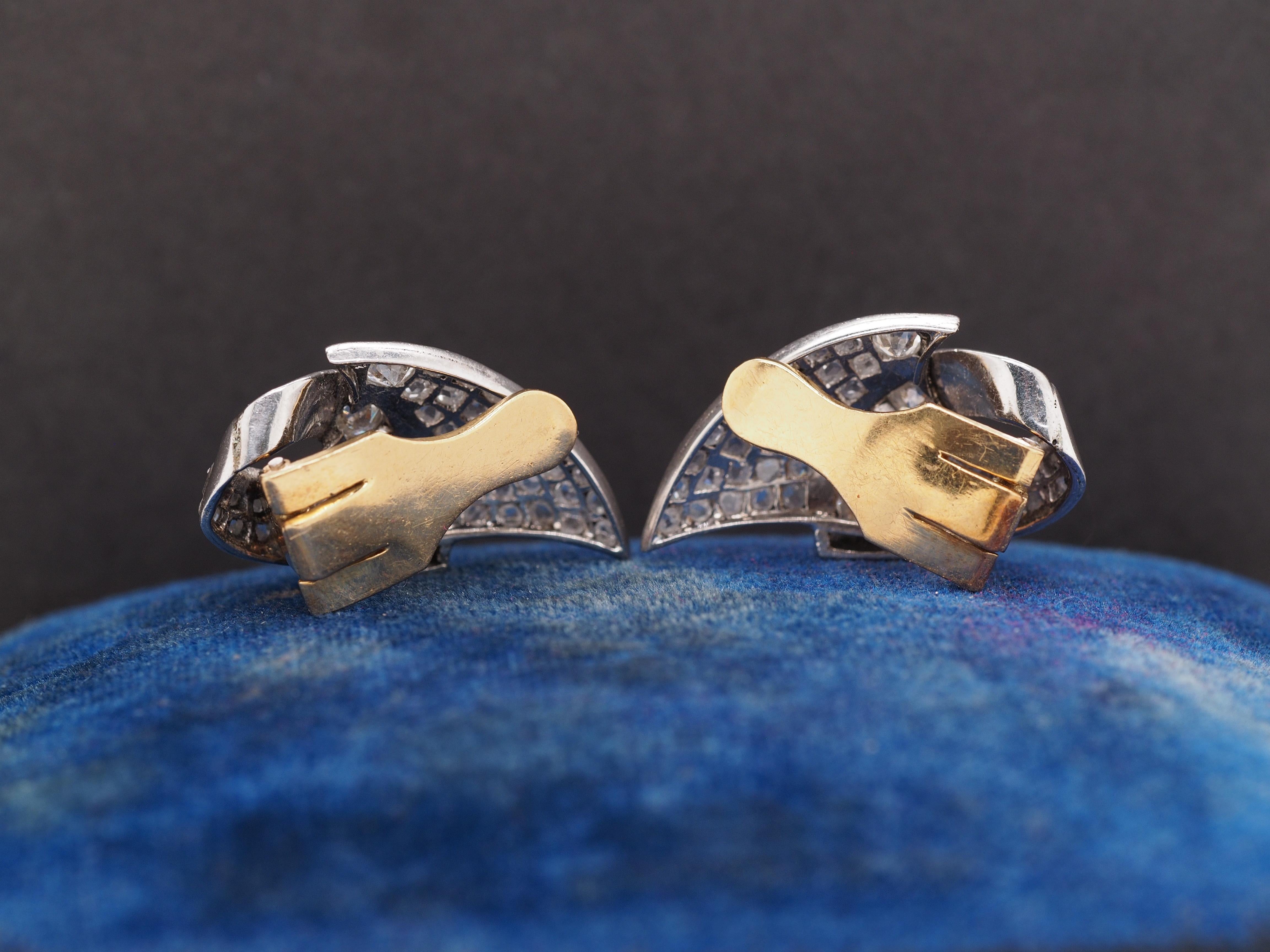 1960s Platinum and 18K Yellow Gold Clip Earrings with Rose Cut Diamonds In Good Condition For Sale In Atlanta, GA