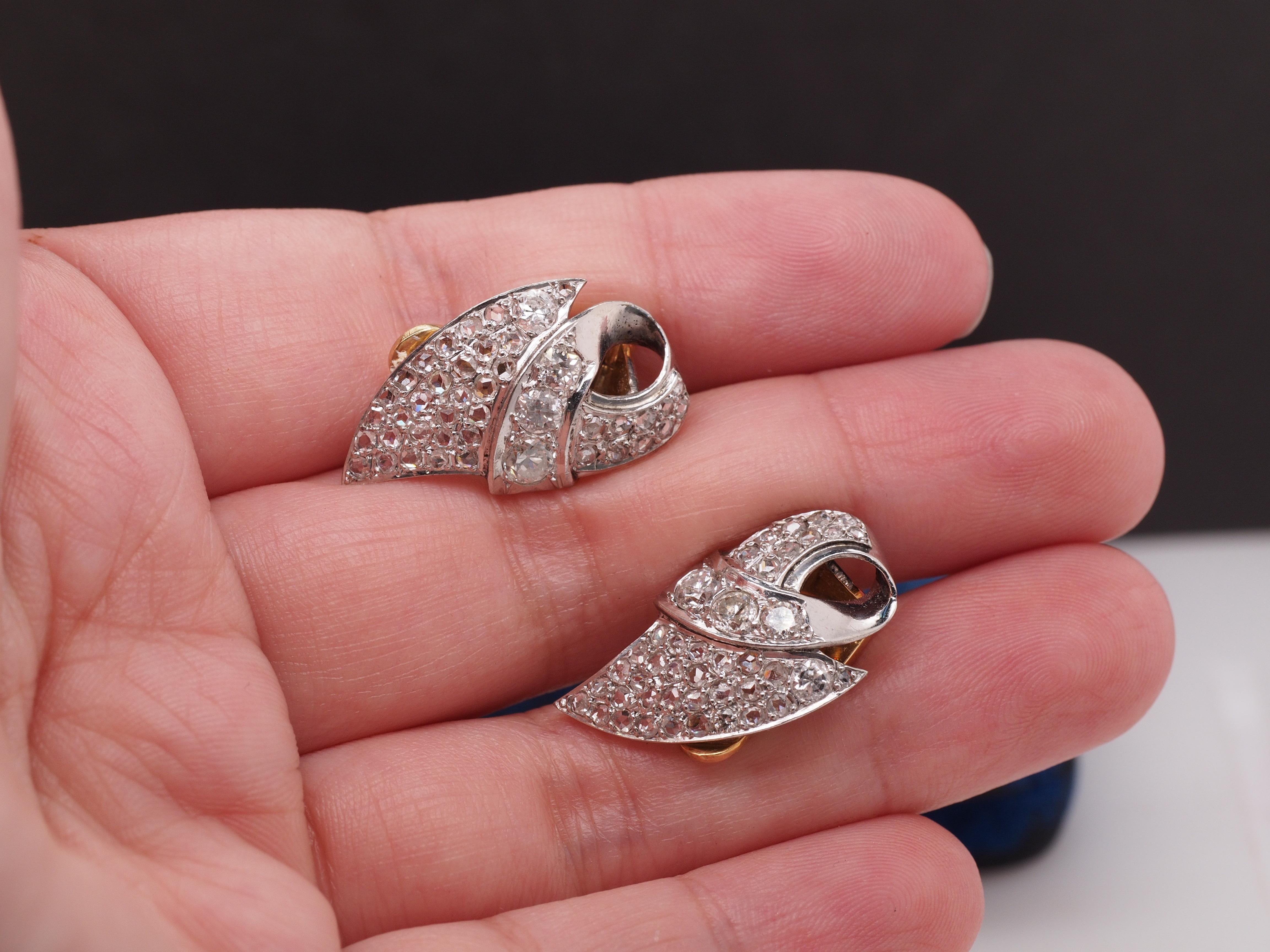 1960s Platinum and 18K Yellow Gold Clip Earrings with Rose Cut Diamonds For Sale 1