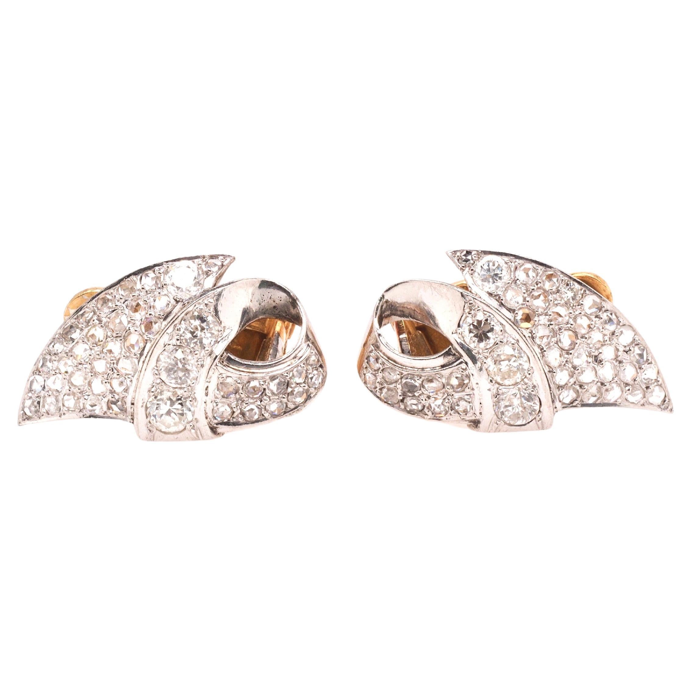 1960s Platinum and 18K Yellow Gold Clip Earrings with Rose Cut Diamonds For Sale