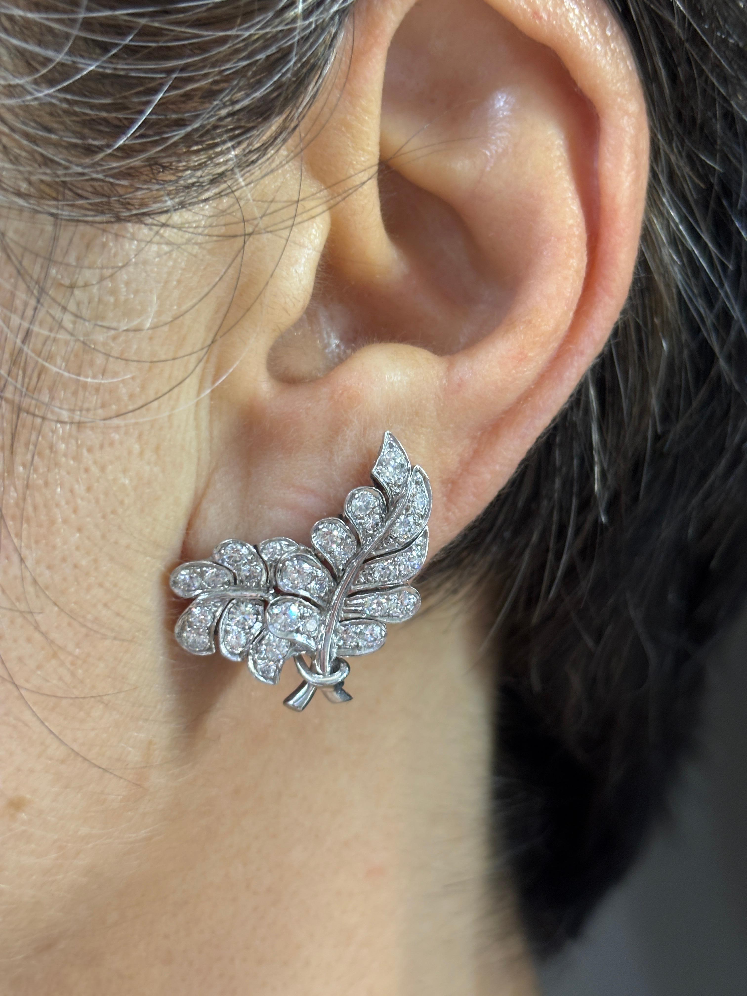 1960s platinum and diamond clip-on leaf earrings For Sale 4