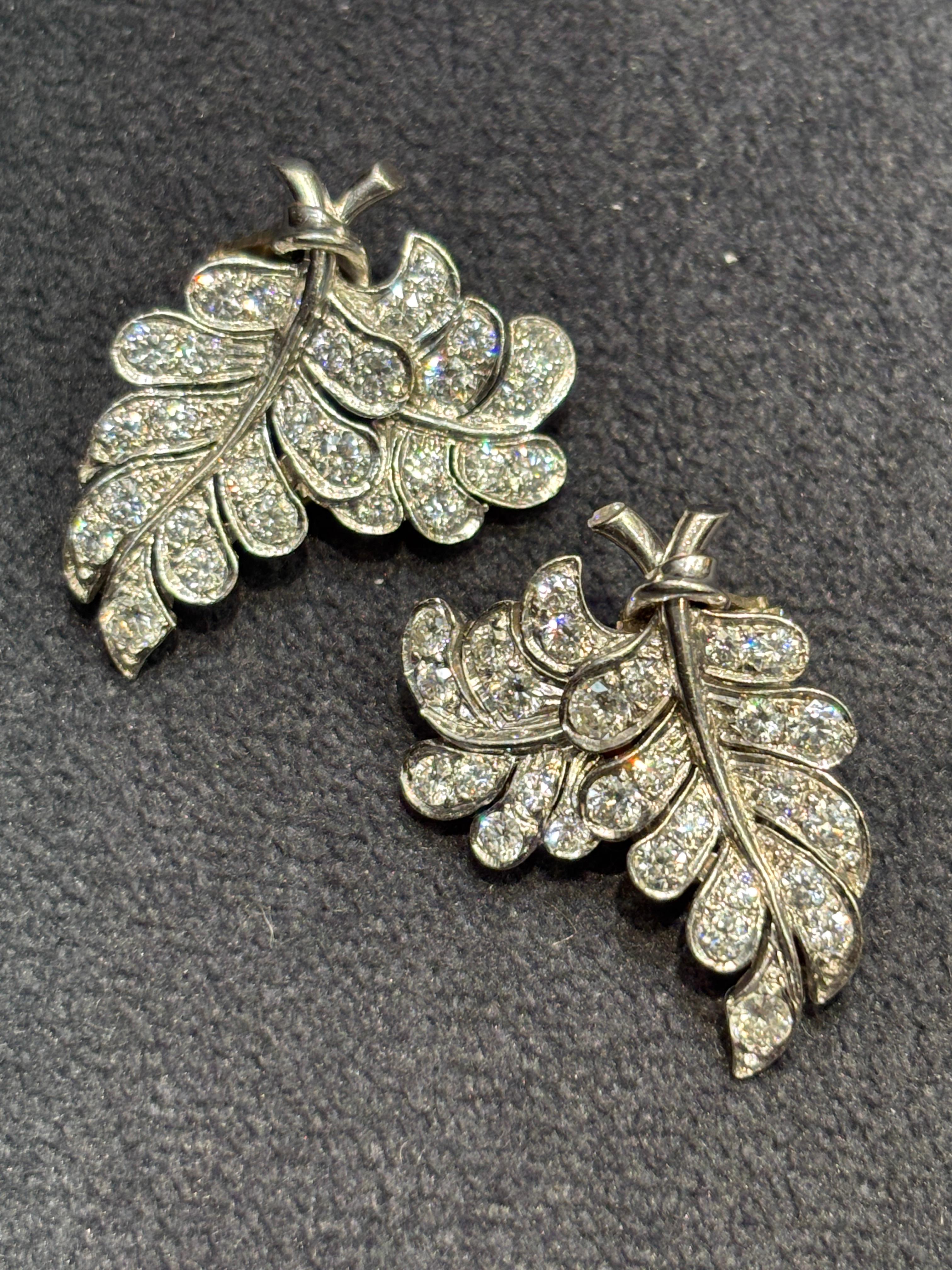 Contemporary 1960s platinum and diamond clip-on leaf earrings For Sale