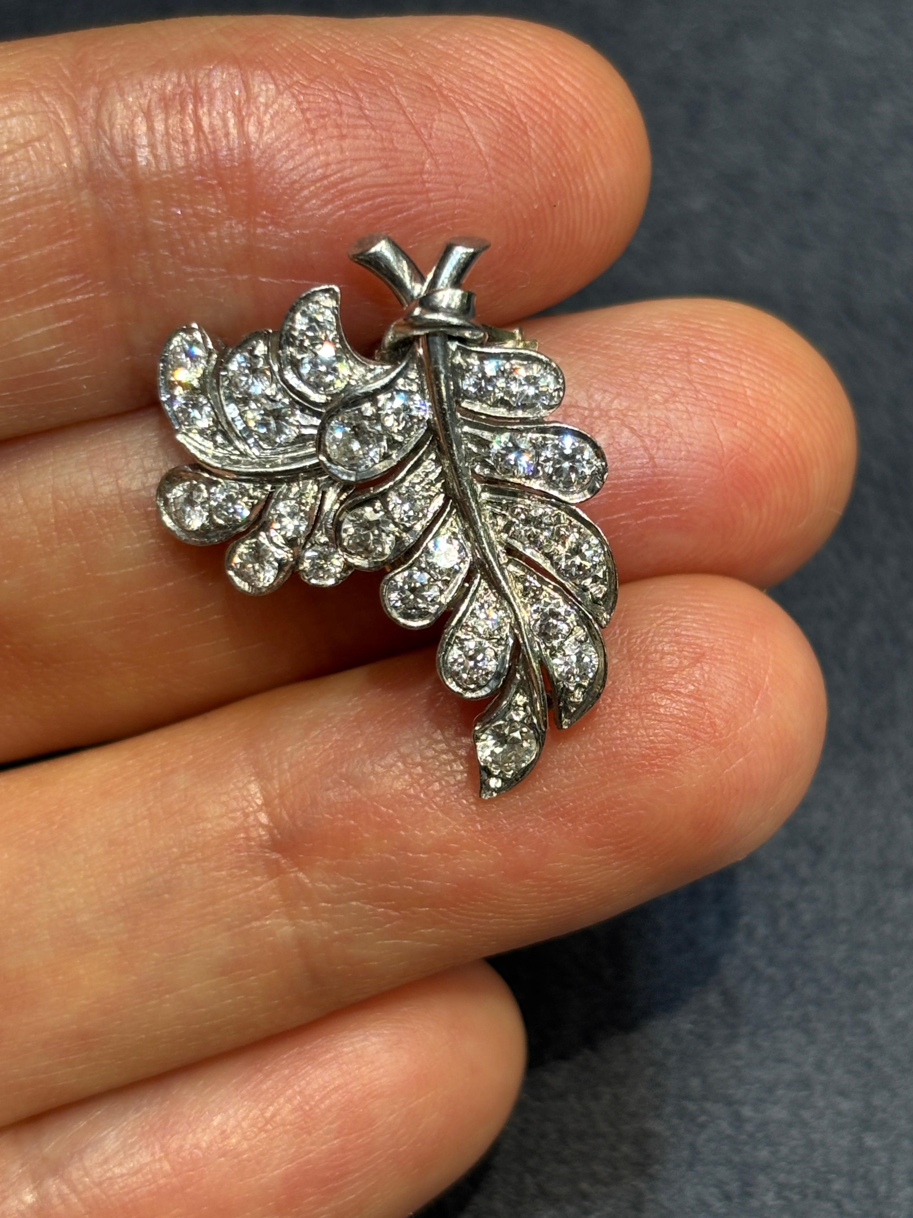 1960s platinum and diamond clip-on leaf earrings For Sale 2