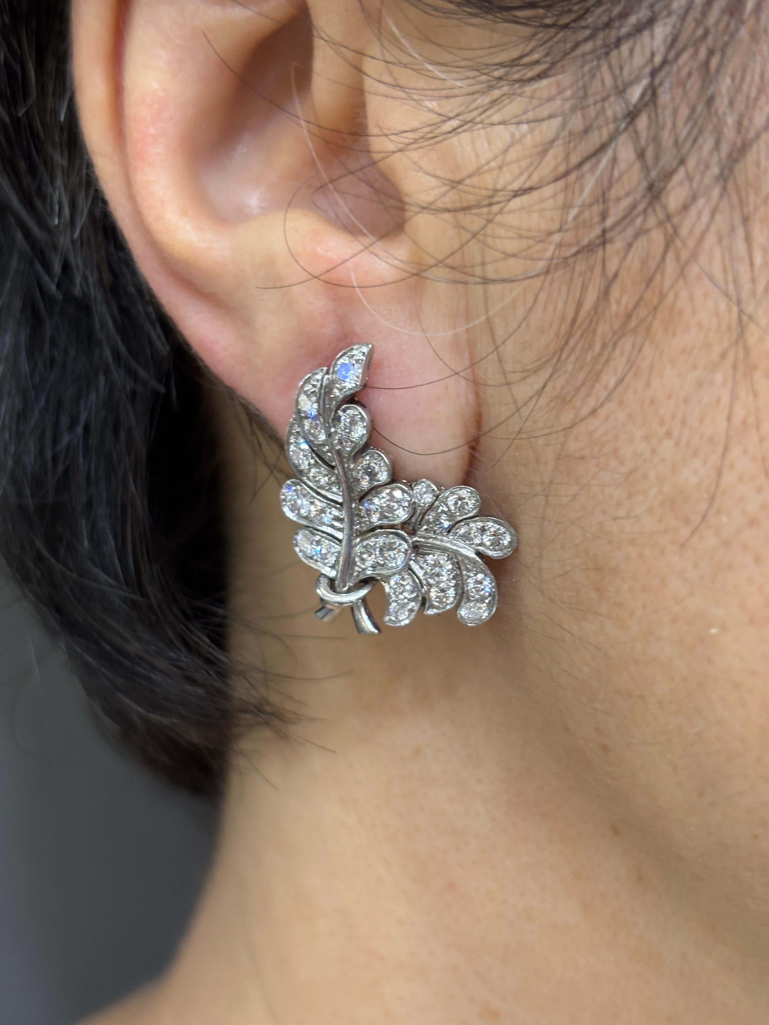1960s platinum and diamond clip-on leaf earrings For Sale 3