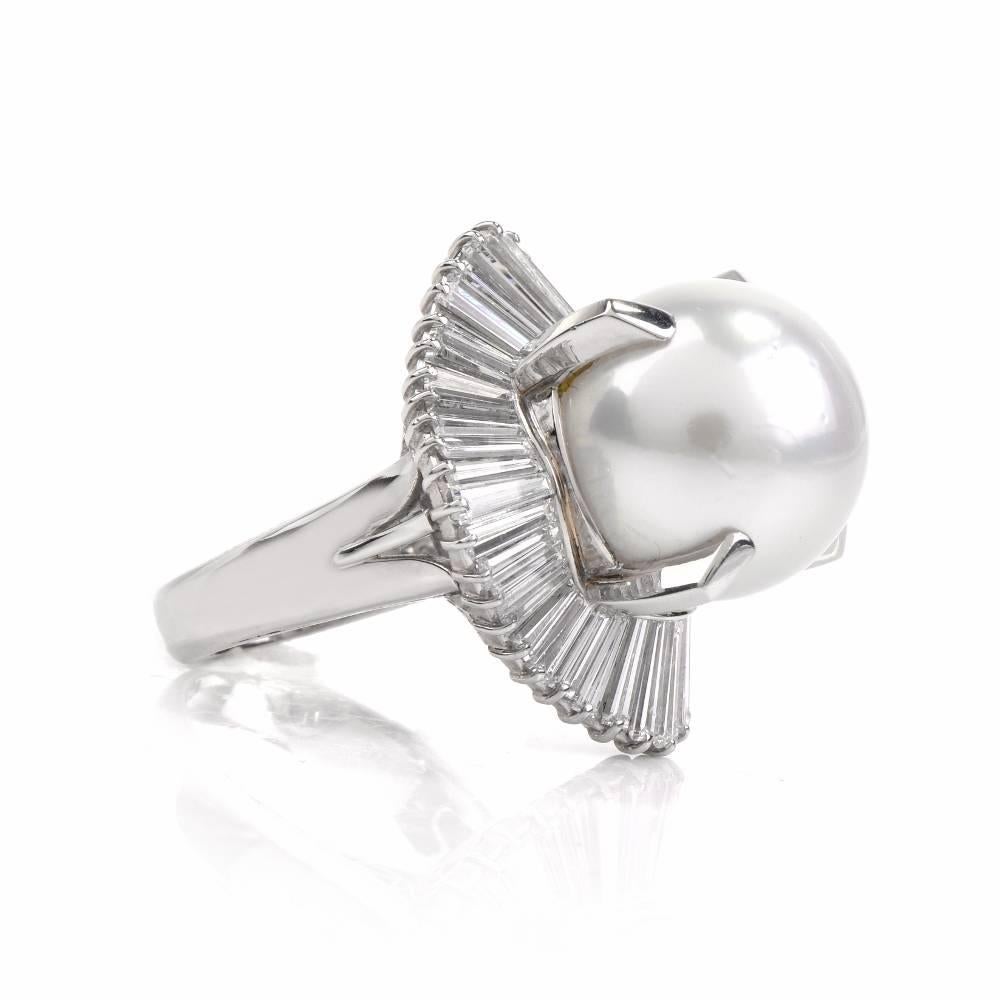 Modern 1960s Platinum Baguette Diamond Ballerina Cocktail Ring