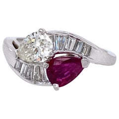 Vintage 1960s Platinum Diamond and Ruby Bypass Ring