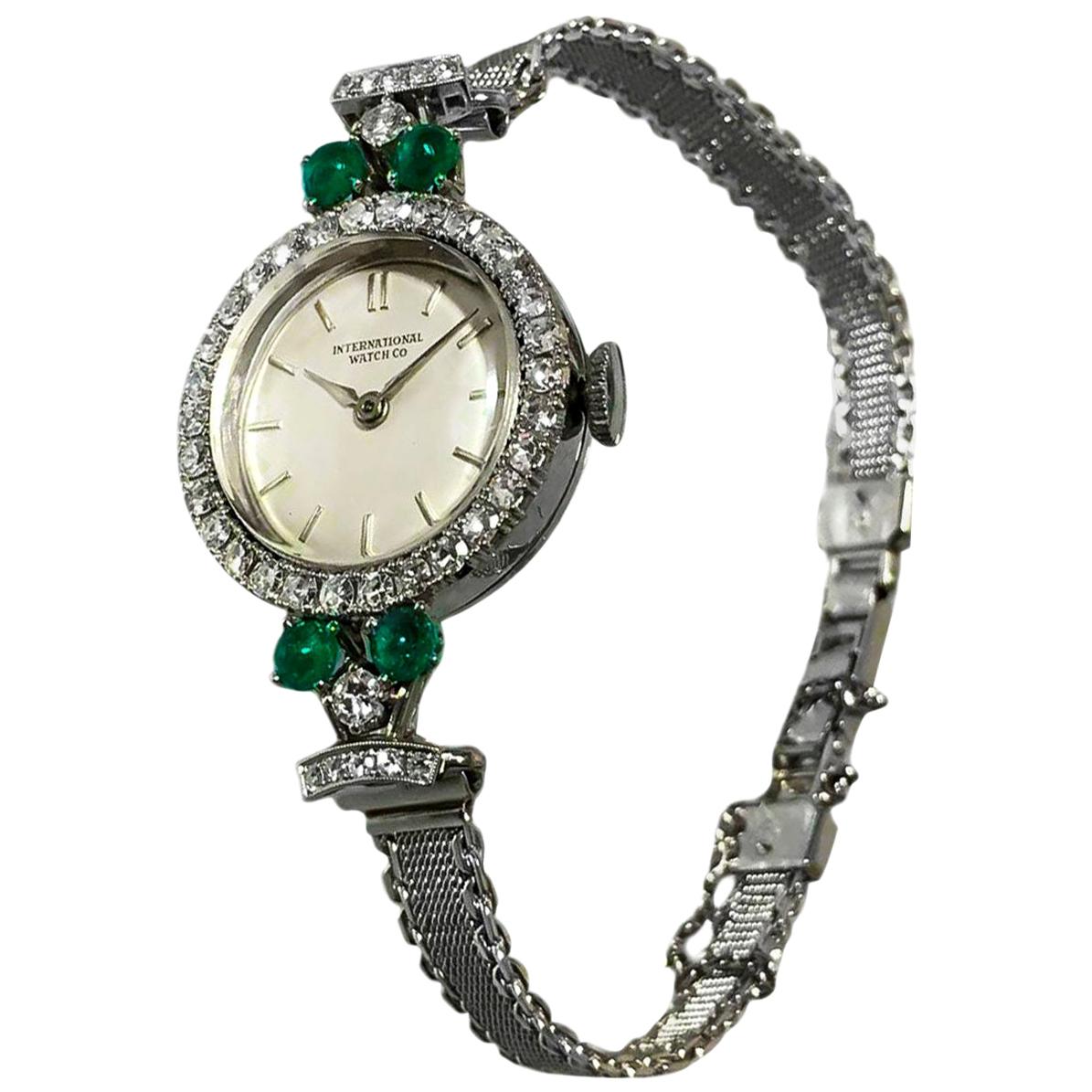 1960s Platinum Diamond Emerald IWC International Watch Company Bracelet Watch For Sale