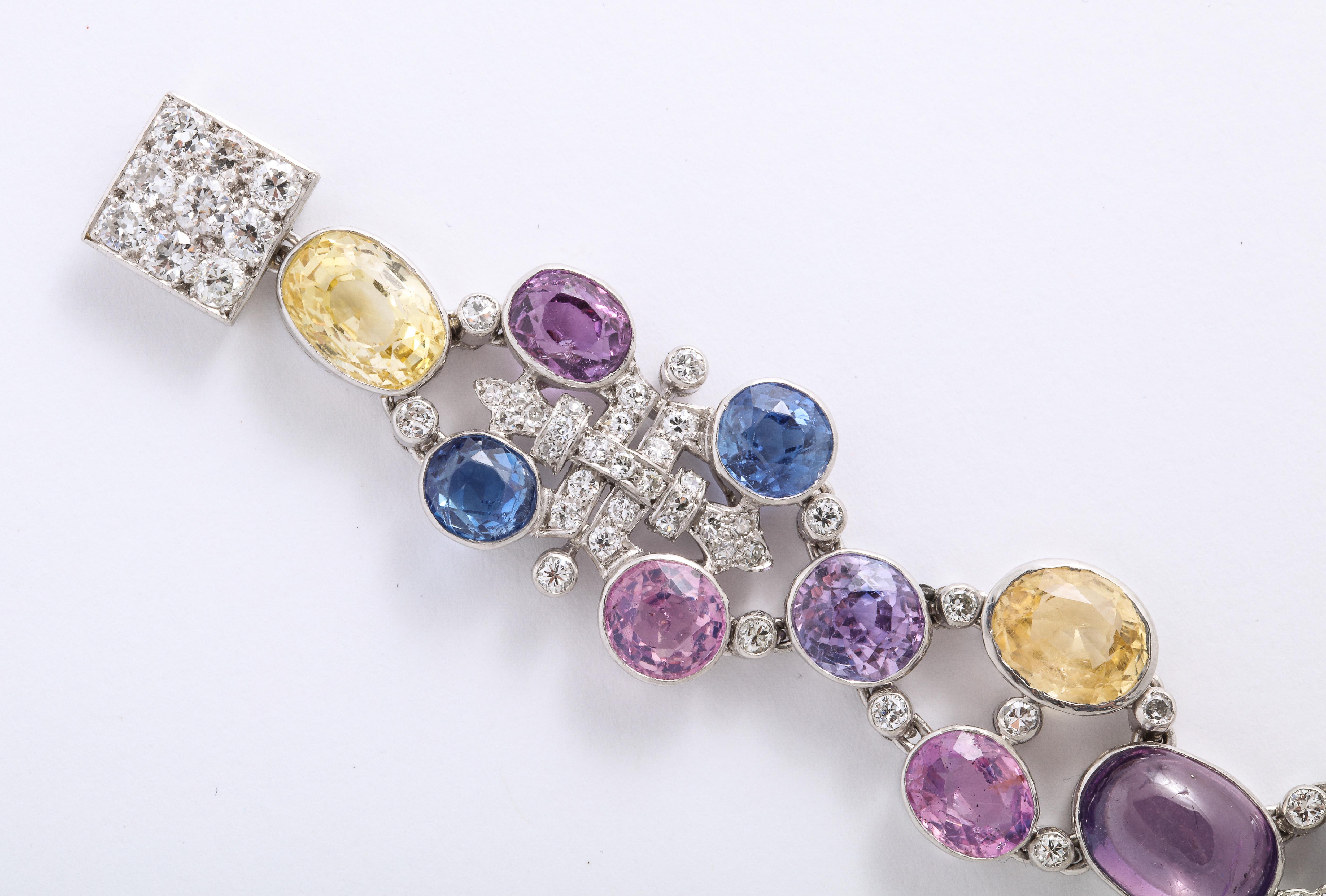 Retro 1960s Platinum Diamond Multicolored Cabochan 12 Carat Star Sapphire Bracelet