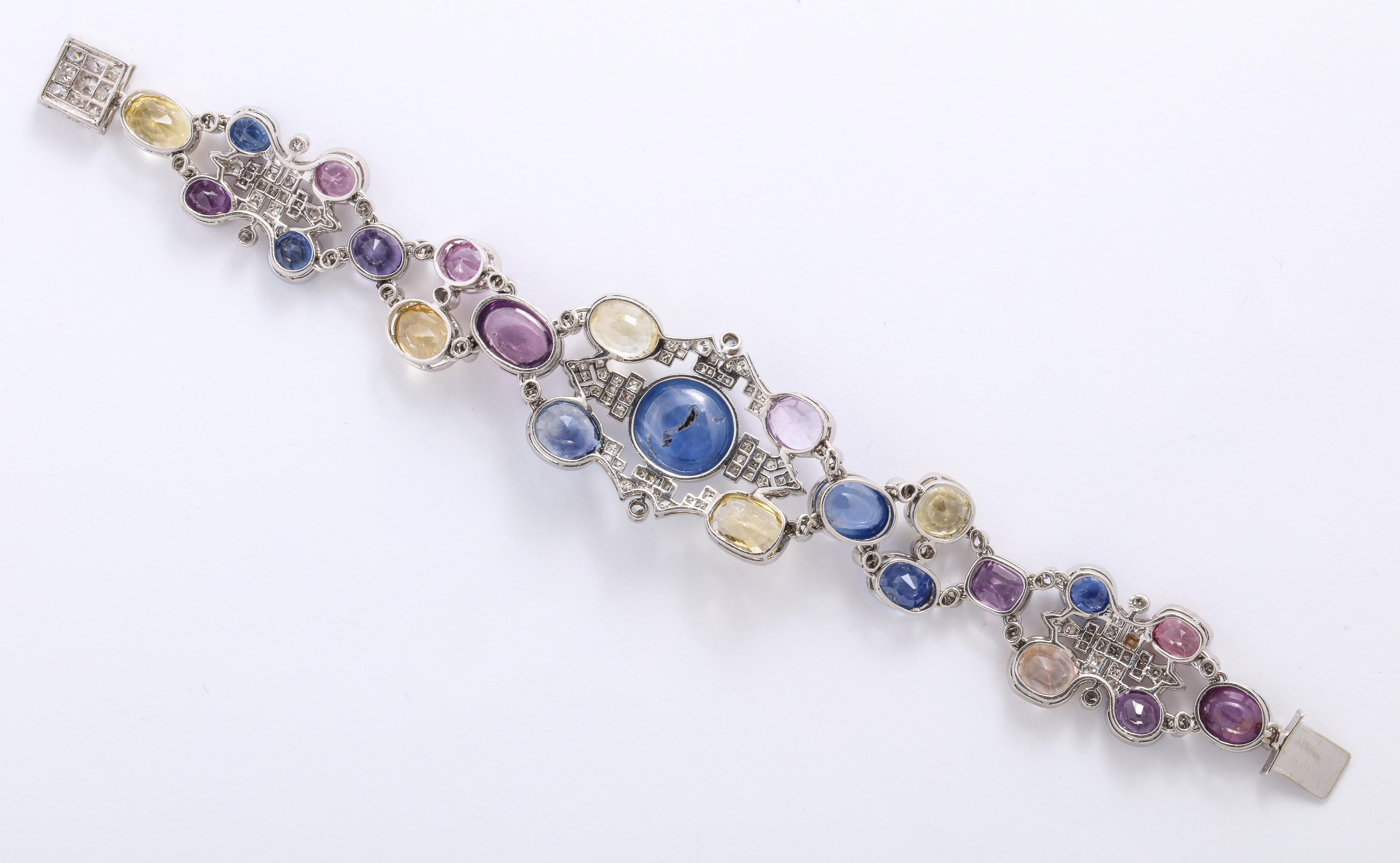 1960s Platinum Diamond Multicolored Cabochan 12 Carat Star Sapphire Bracelet In Good Condition In New York, NY