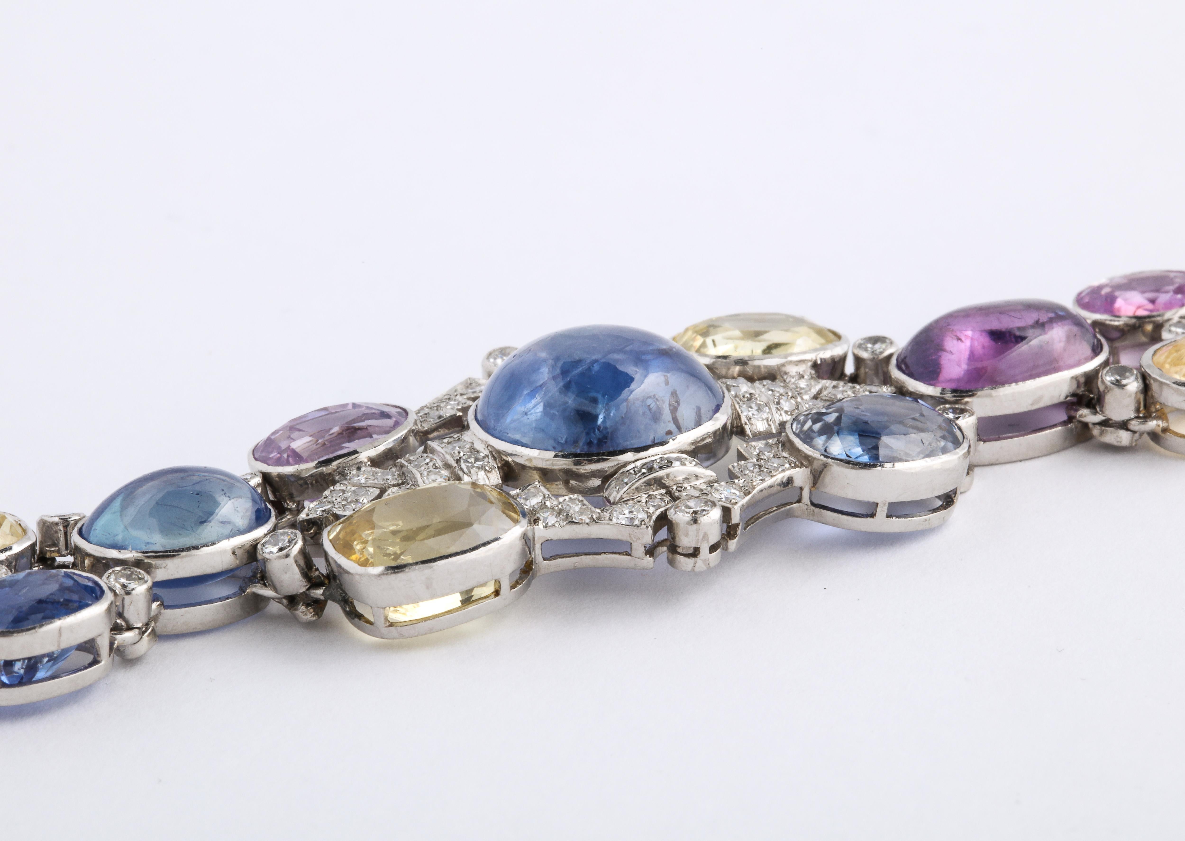 Women's or Men's 1960s Platinum Diamond Multicolored Cabochan 12 Carat Star Sapphire Bracelet