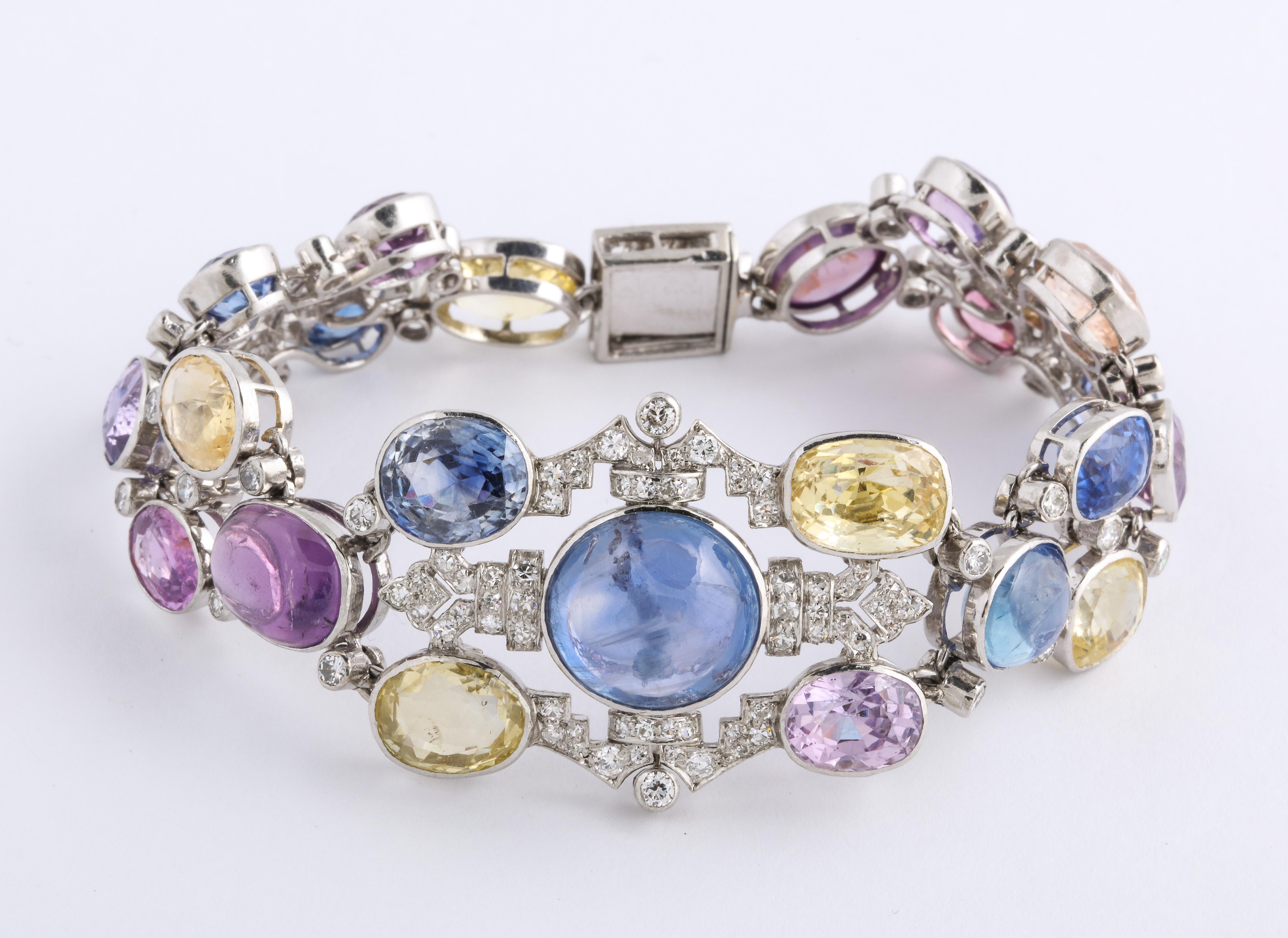 1960s Platinum Diamond Multicolored Cabochan 12 Carat Star Sapphire Bracelet 1