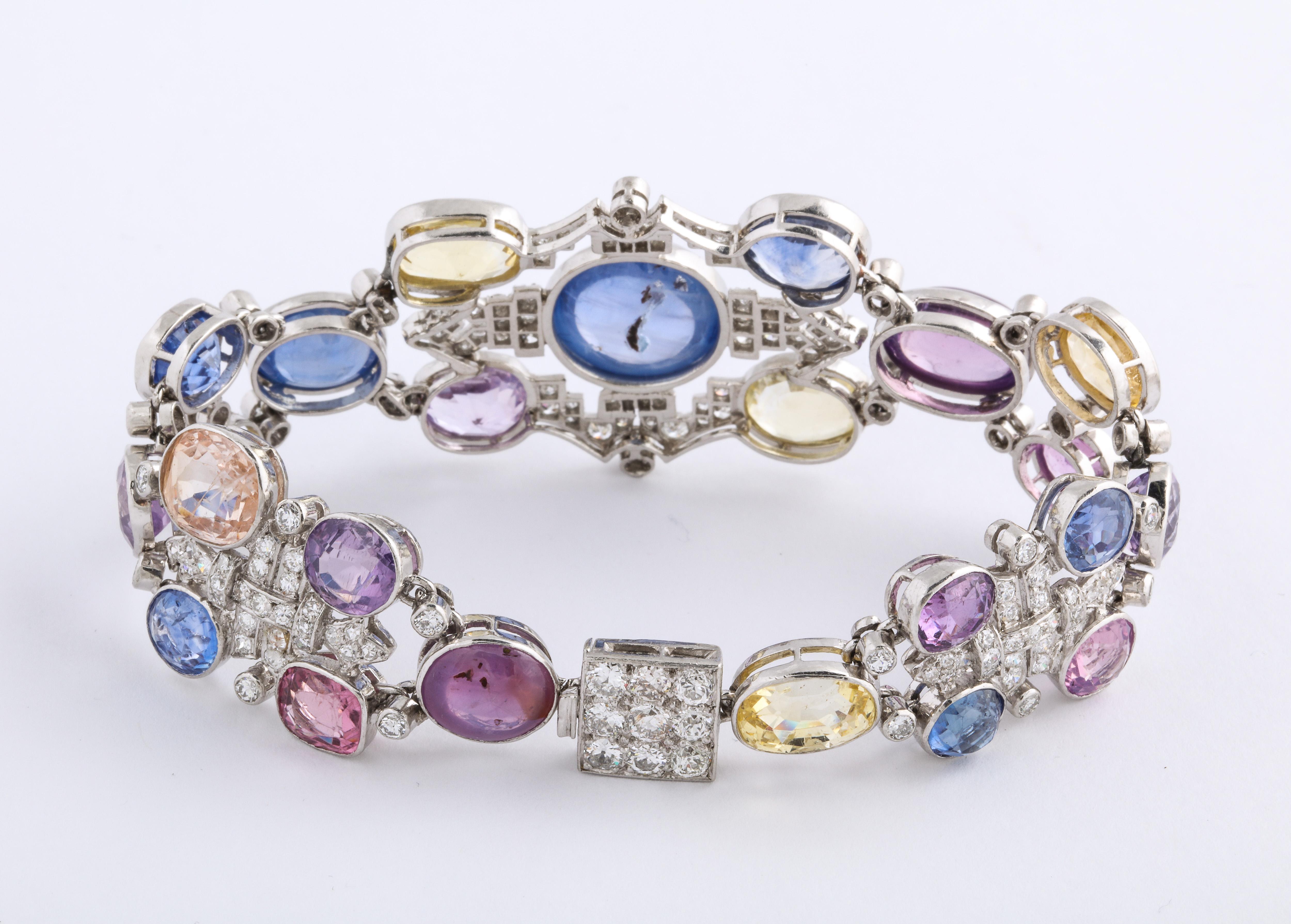 1960s Platinum Diamond Multicolored Cabochan 12 Carat Star Sapphire Bracelet 2