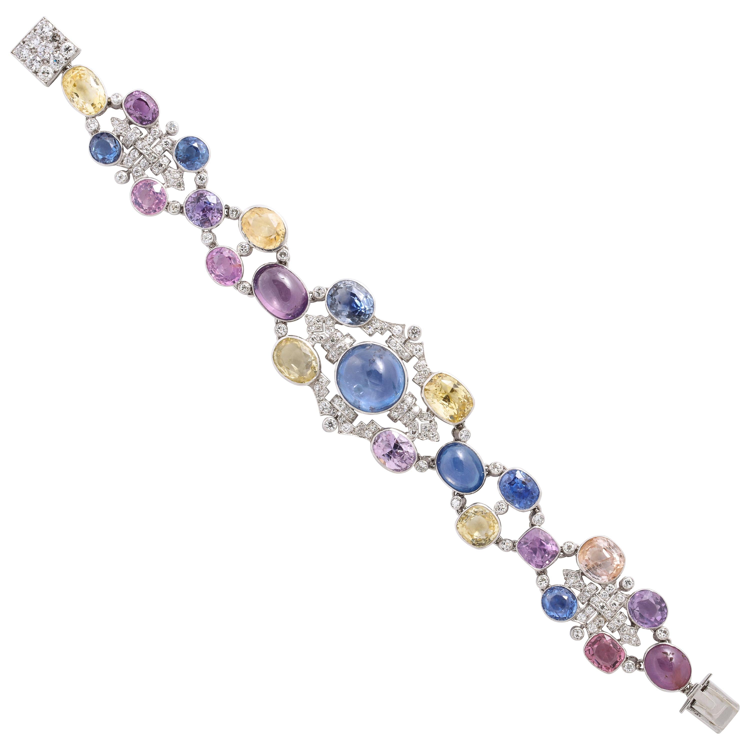 1960s Platinum Diamond Multicolored Cabochan 12 Carat Star Sapphire Bracelet