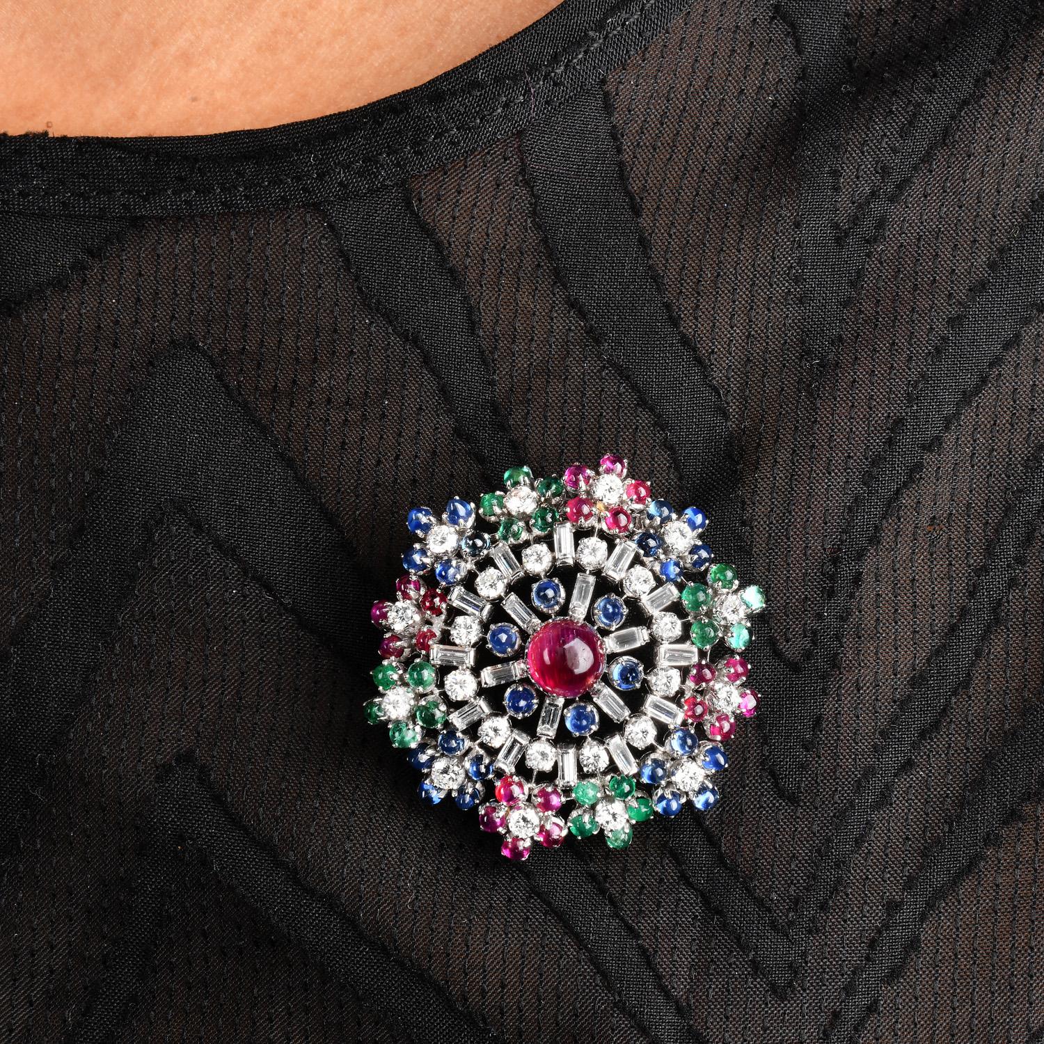Cabochon 1960s  Platinum Pinwheel Gemstone and Diamond Floral Earrings For Sale