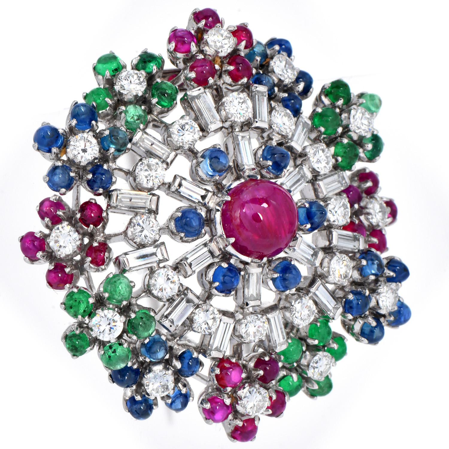1960s  Platinum Pinwheel Gemstone and Diamond Floral Earrings For Sale 2