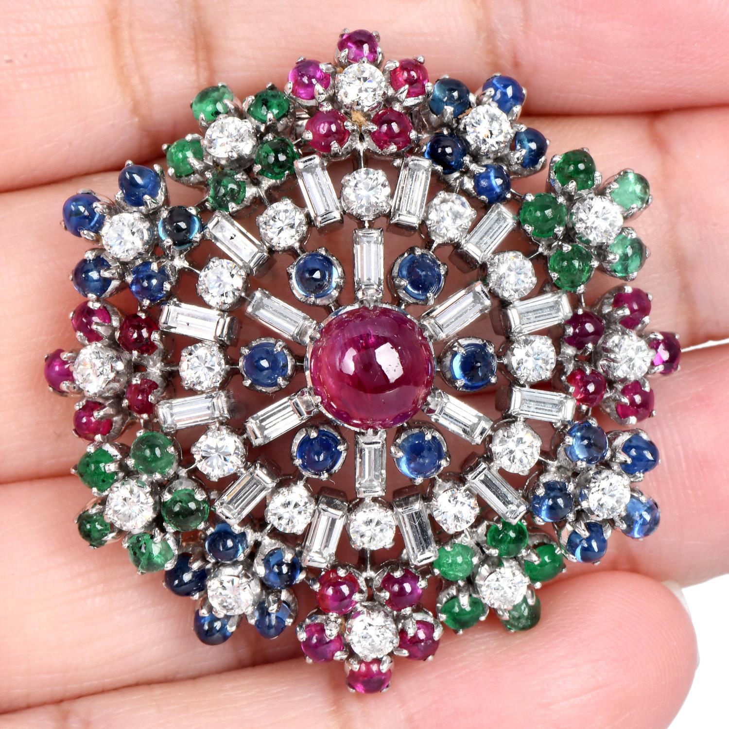 1960s  Platinum Pinwheel Gemstone and Diamond Floral Earrings For Sale 3