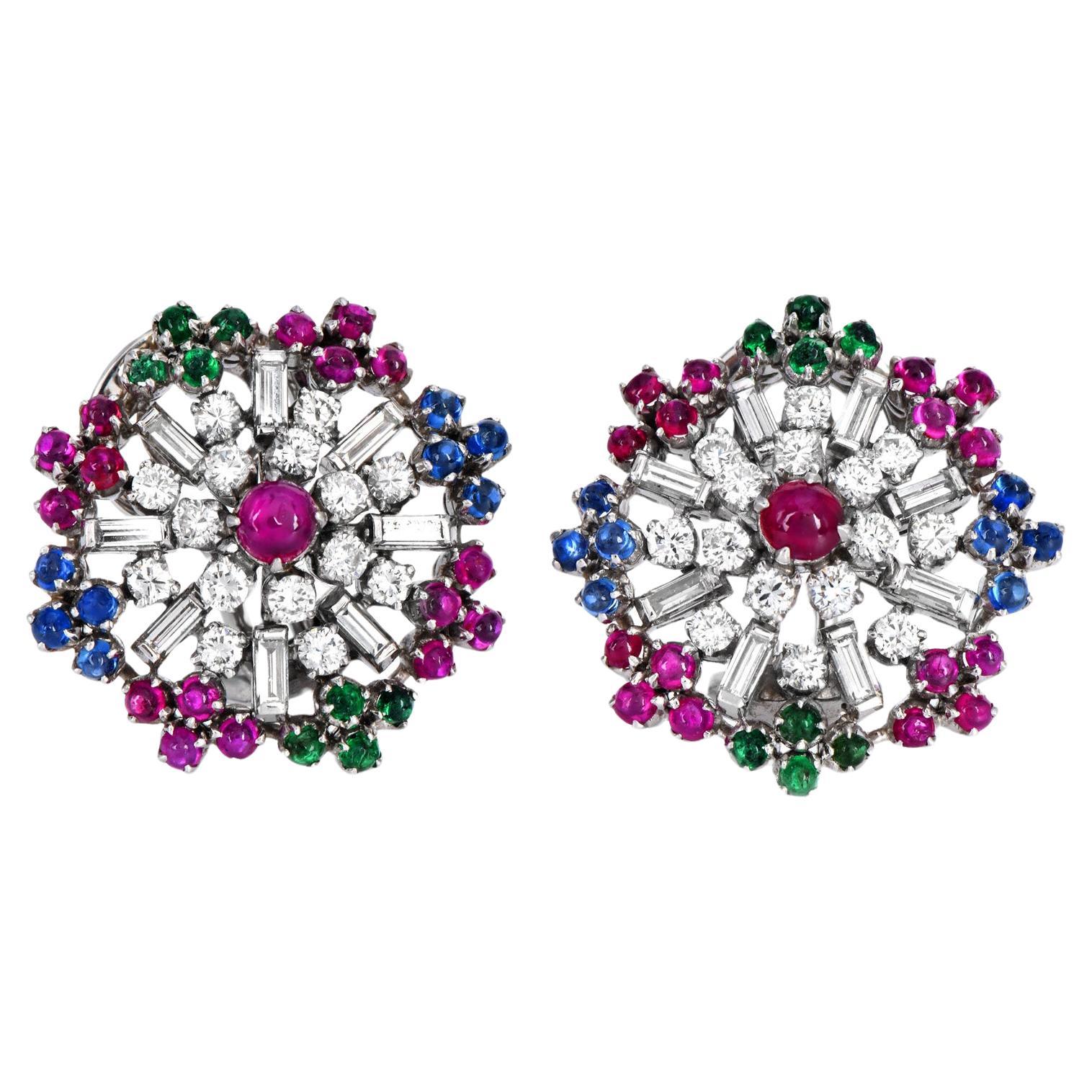 1960s  Platinum Pinwheel Gemstone and Diamond Floral Earrings