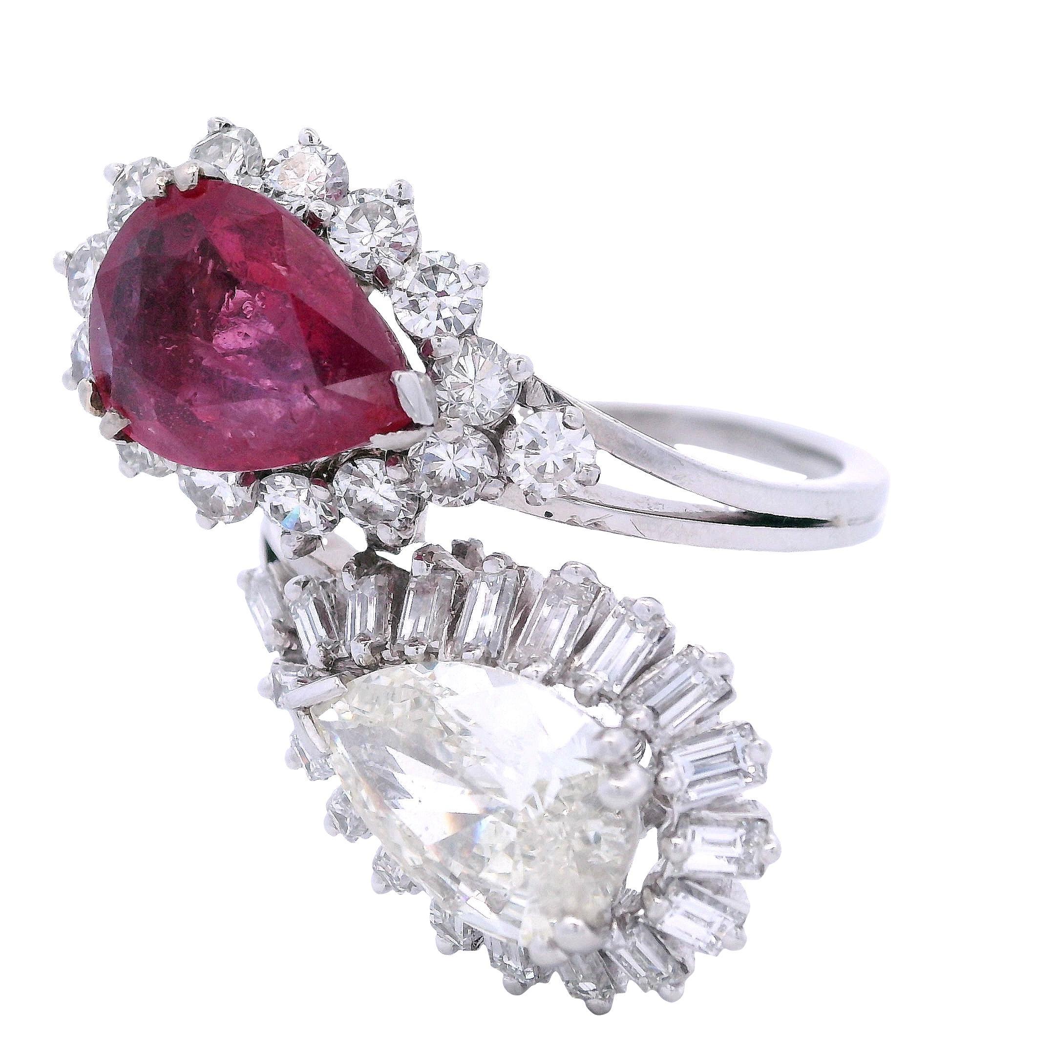 Pear Cut 1960’s Platinum Ruby & Diamond Ring For Sale