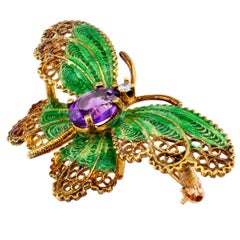 1960s Plique a Jour Butterfly Enamel Amethyst Diamond Gold Brooch