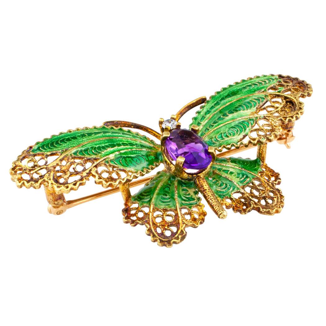 Modern 1960s Plique a Jour Butterfly Enamel Amethyst Diamond Gold Brooch