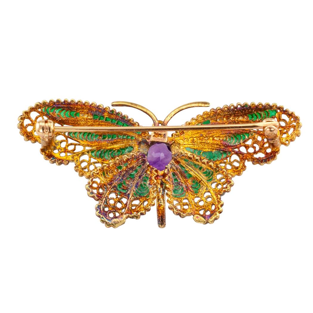 1960s Plique a Jour Butterfly Enamel Amethyst Diamond Gold Brooch In Excellent Condition In Los Angeles, CA