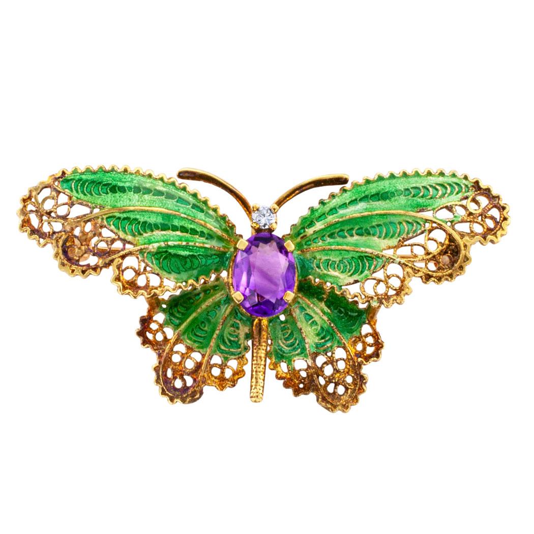 1960s Plique a Jour Butterfly Enamel Amethyst Diamond Gold Brooch
