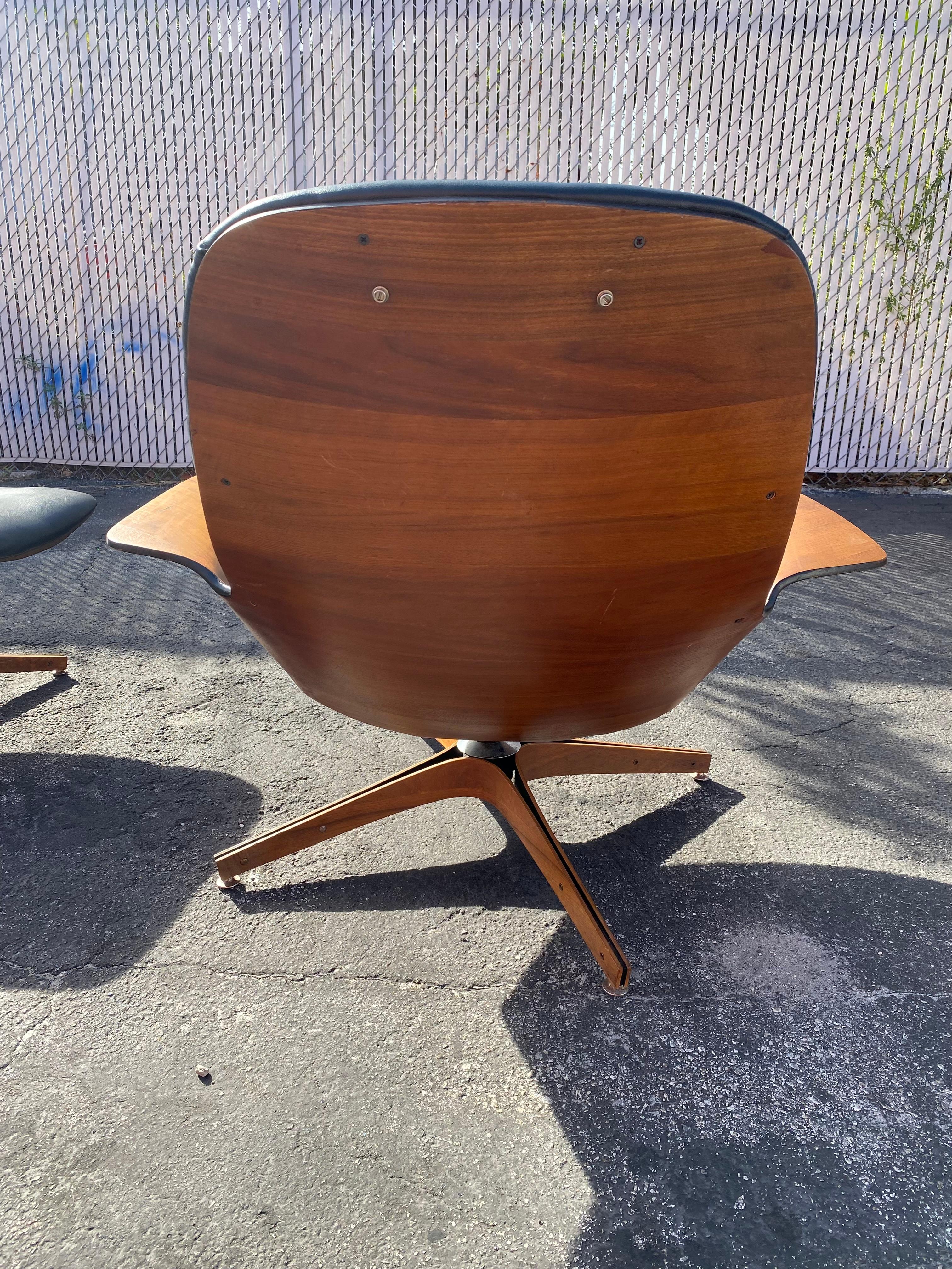 1960s Plycraft Walnut Swivel Chair and Ottoman, Set of 2 For Sale 1