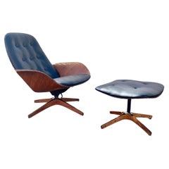Vintage 1960s Plycraft Walnut Swivel Chair and Ottoman, Set of 2