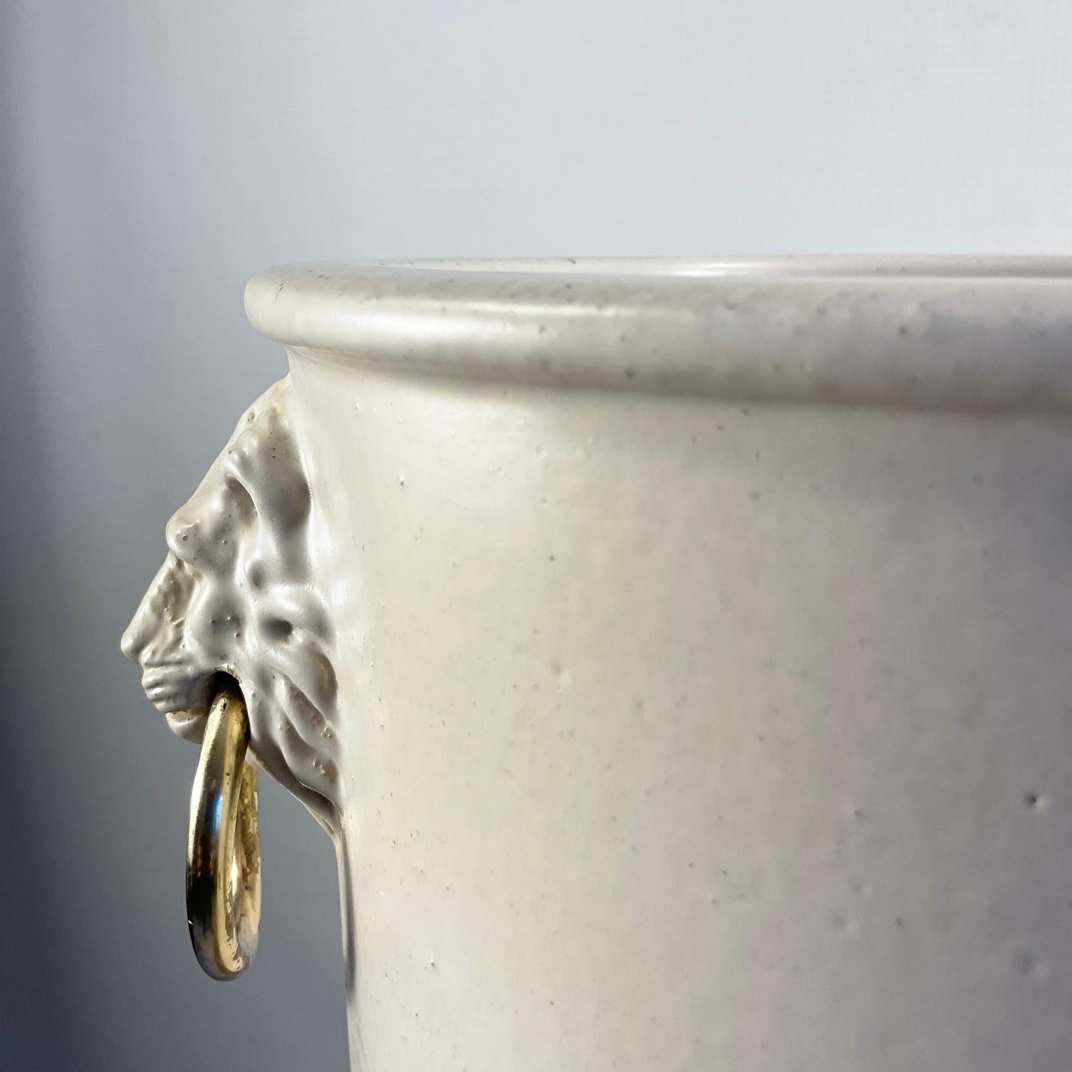 1960s Pol Chambost Ceramic Planter or Flowerpot Decorated with Two Lion Heads For Sale 3