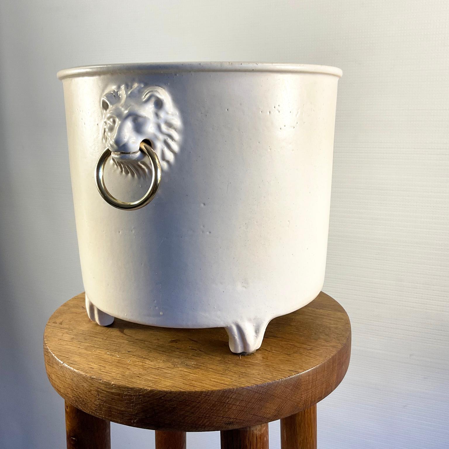 1960s Pol Chambost Ceramic Planter or Flowerpot Decorated with Two Lion Heads For Sale 4