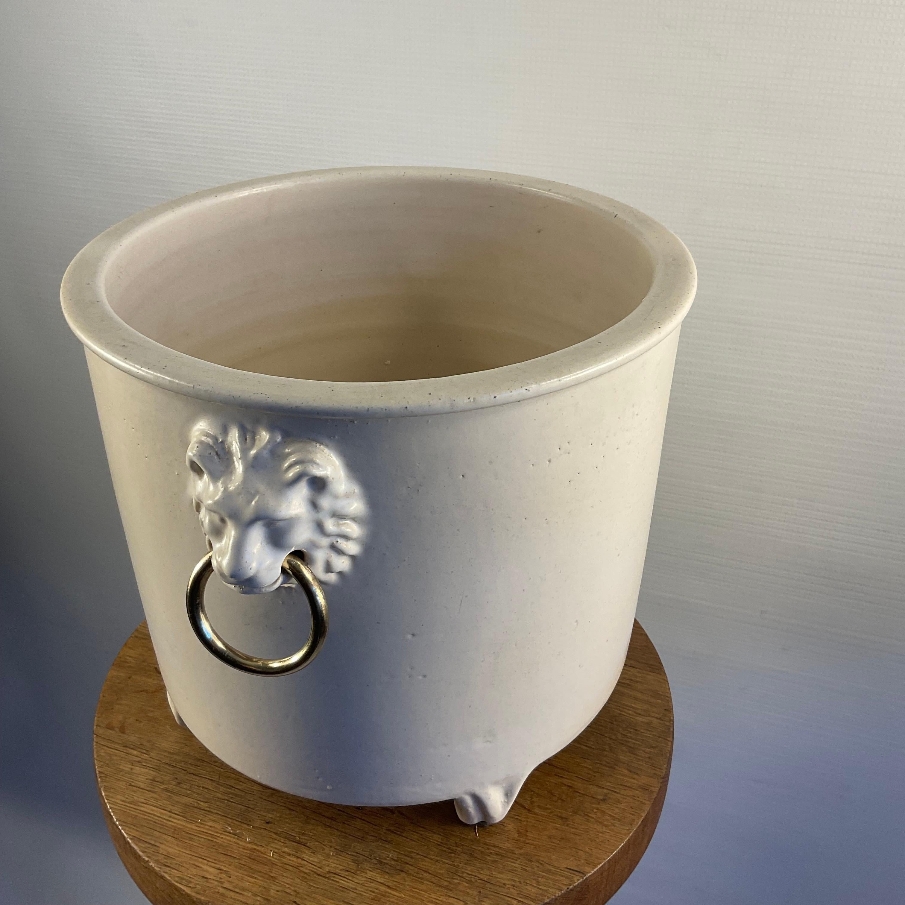 1960s Pol Chambost Ceramic Planter or Flowerpot Decorated with Two Lion Heads For Sale 5